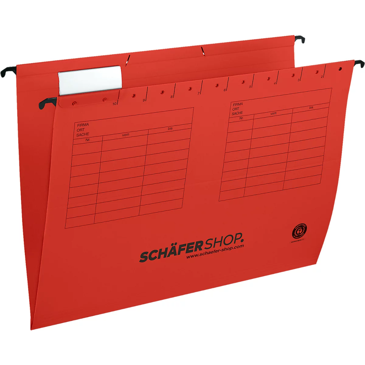 Red hanging file folders with black hooks, tables, and white labels. The SCHÄFERSHOP lettering is visible.