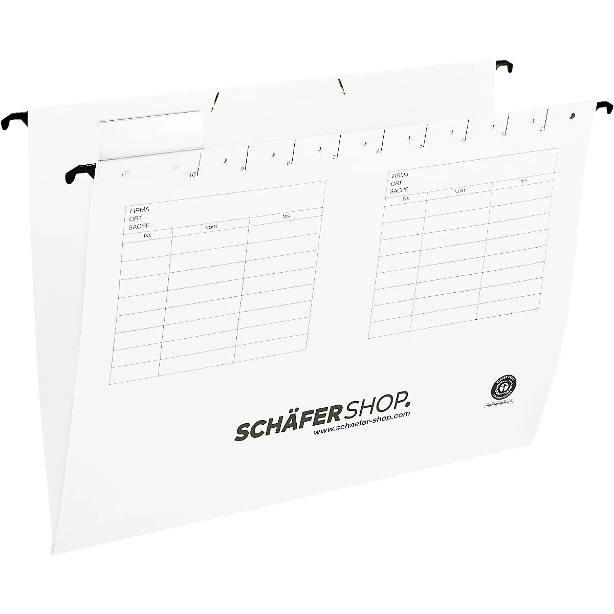 White paper hanging file with black hooks. Printed tables and Schäfer Shop logo.