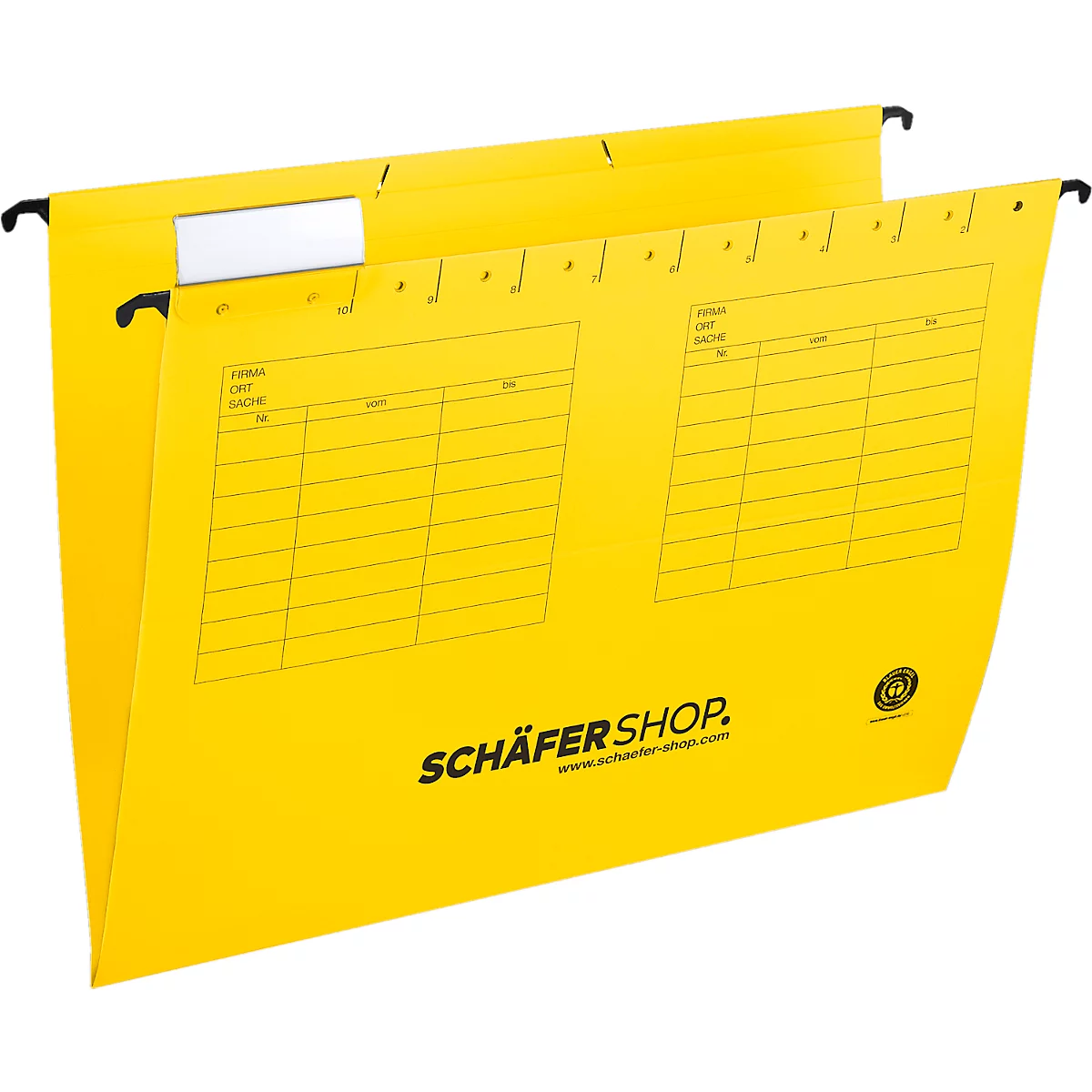 Yellow hanging file folders with black hangers. Printed "Schäfer Shop".