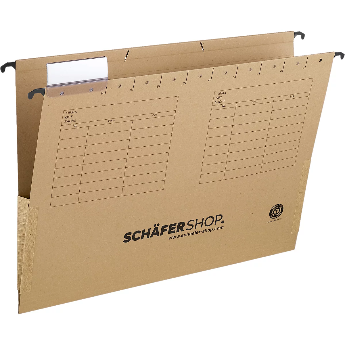 Brown cardboard hanging file with black hook, tables and logo.