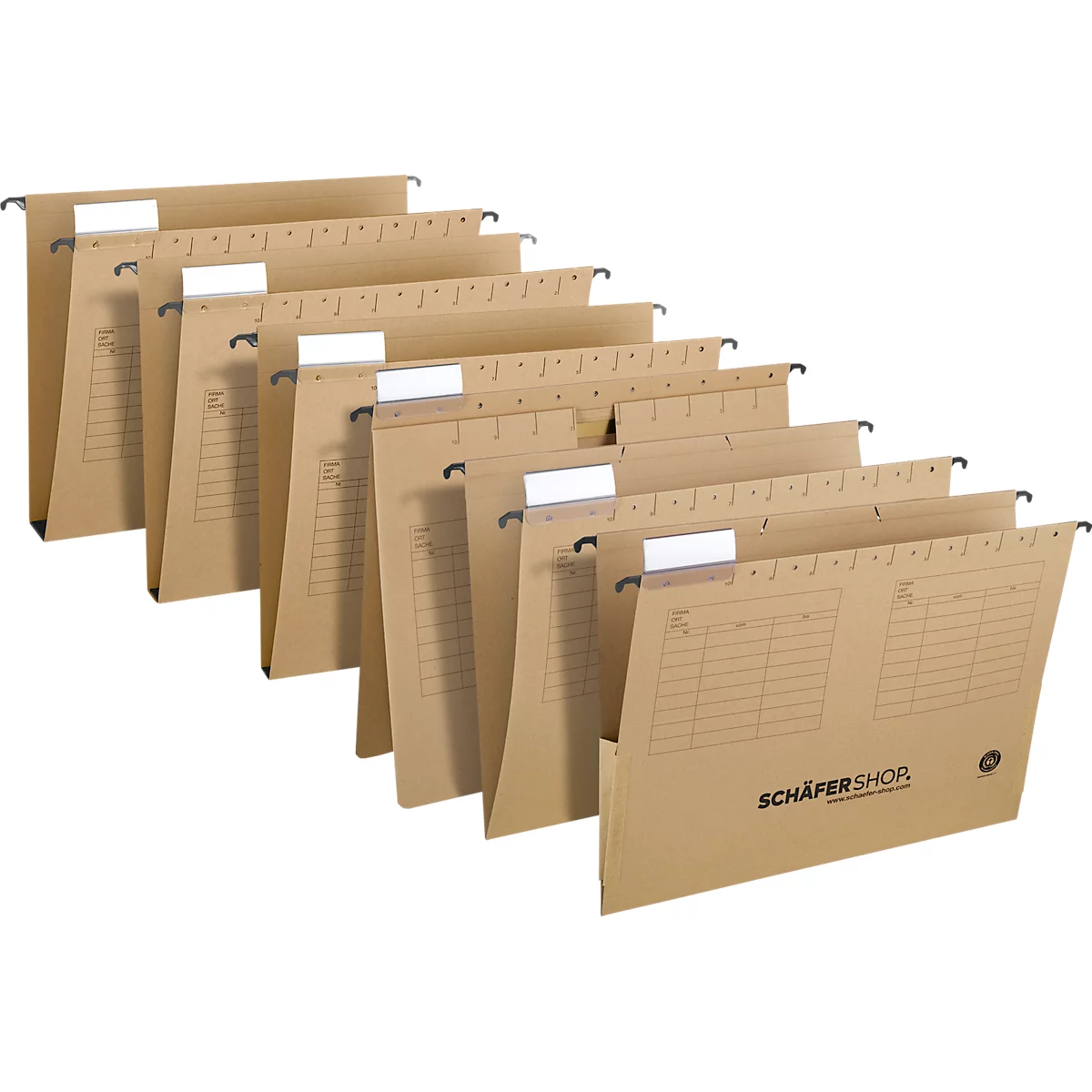 A row of brown hanging files with white labels and black hanging devices. 'SCHÄFER SHOP' is written on the bottom file.