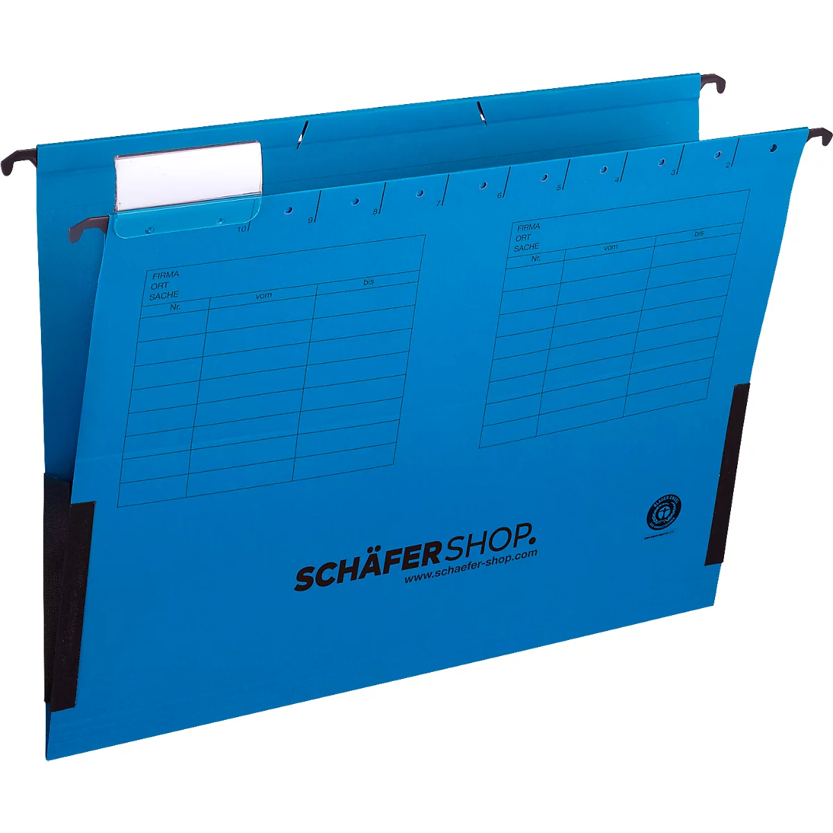 Light blue hanging file folder with black holders. Printed grid for information, white label and the lettering 'SCHÄFERSHOP'.
