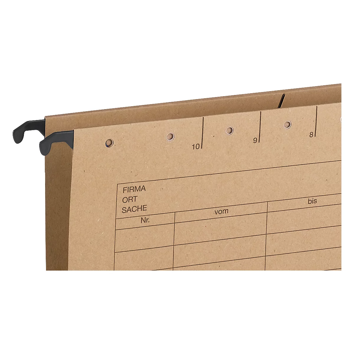 Close-up of a brown hanging file with black hooks, labeled with "Company", "Place", "Subject" and numbers.