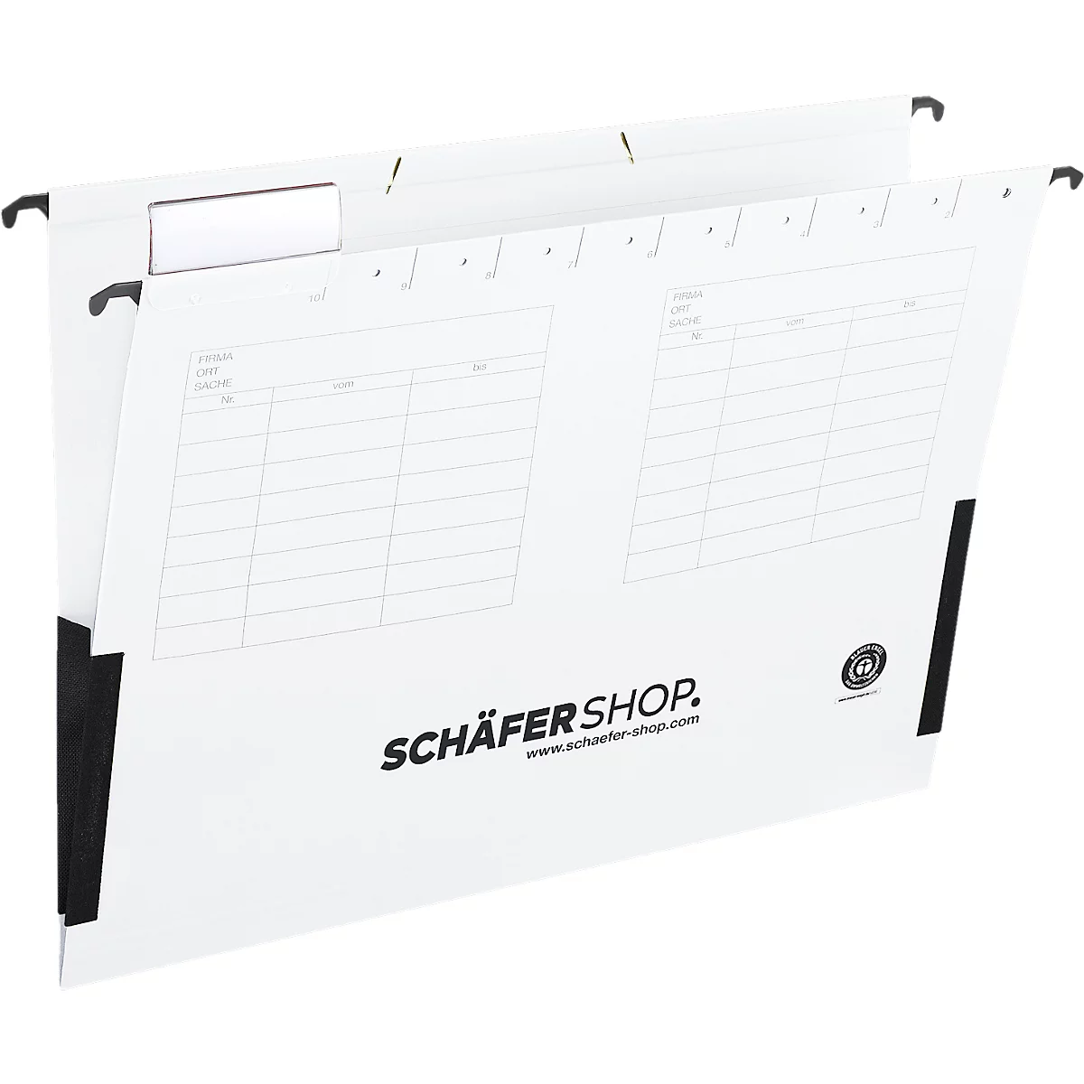 White hanging file folder with black edge, hooks and logo print. Two sheets with table structures.