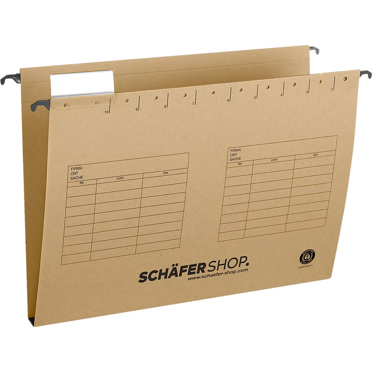 Beige hanging file with black holders, tables and logo.