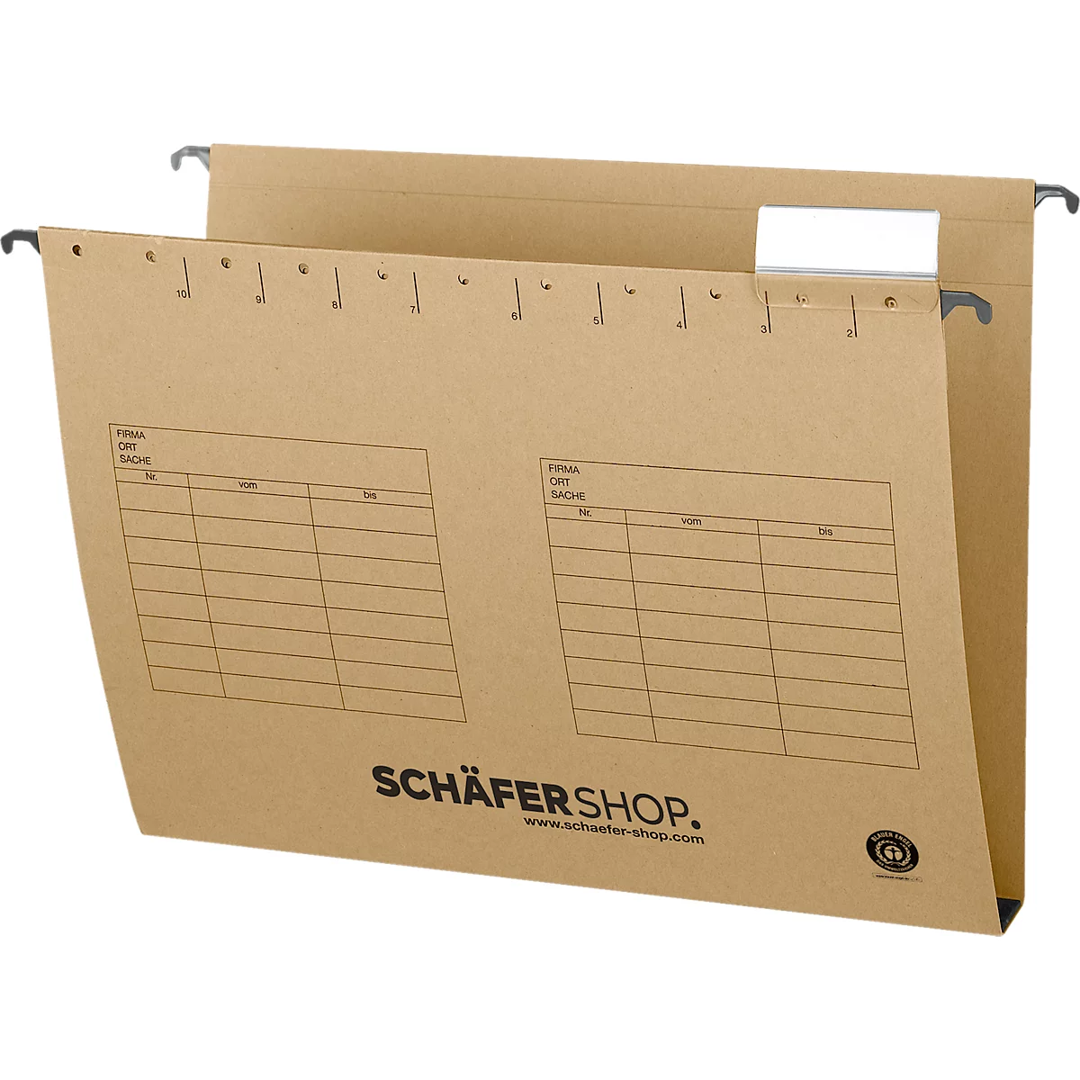 Brown cardboard hanging file with hanging mechanism. Print: "SCHÄFERSHOP".