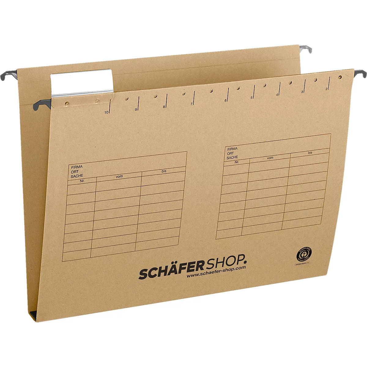 Brown cardboard hanging file with gray hooks. Printed grid field with brand logo.