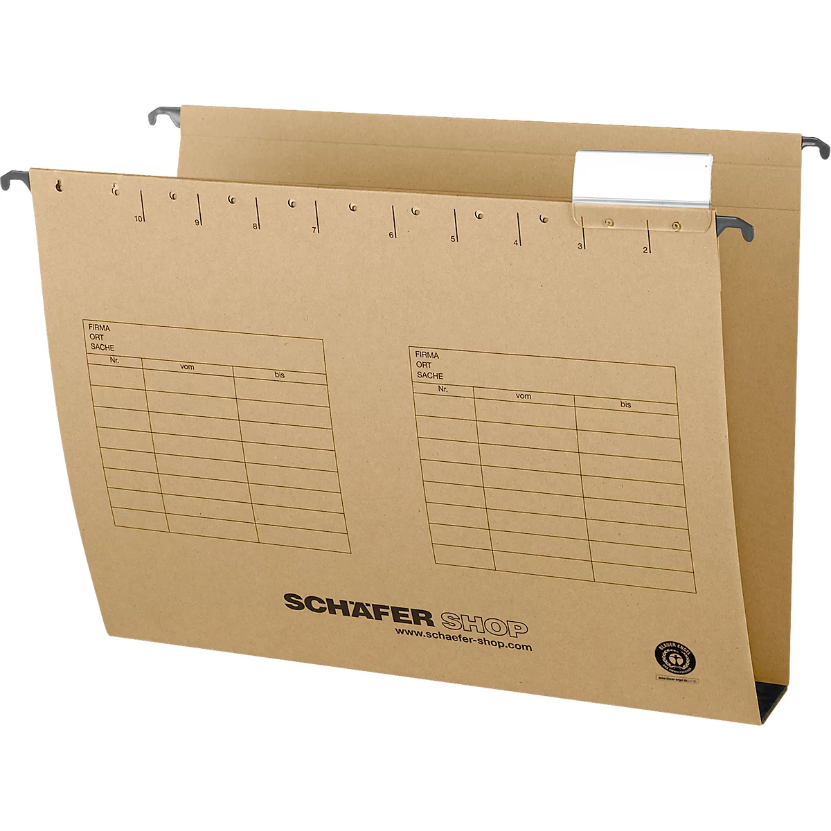 Brown hanging file with metal hangers for hanging, with tables and company logo. The viewing angle is slightly oblique.