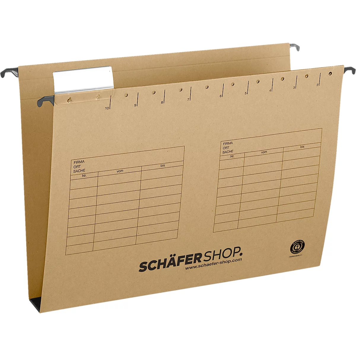 Brown cardboard hanging file with metal brackets. Printed with: Schäfer Shop, tables, and logos.