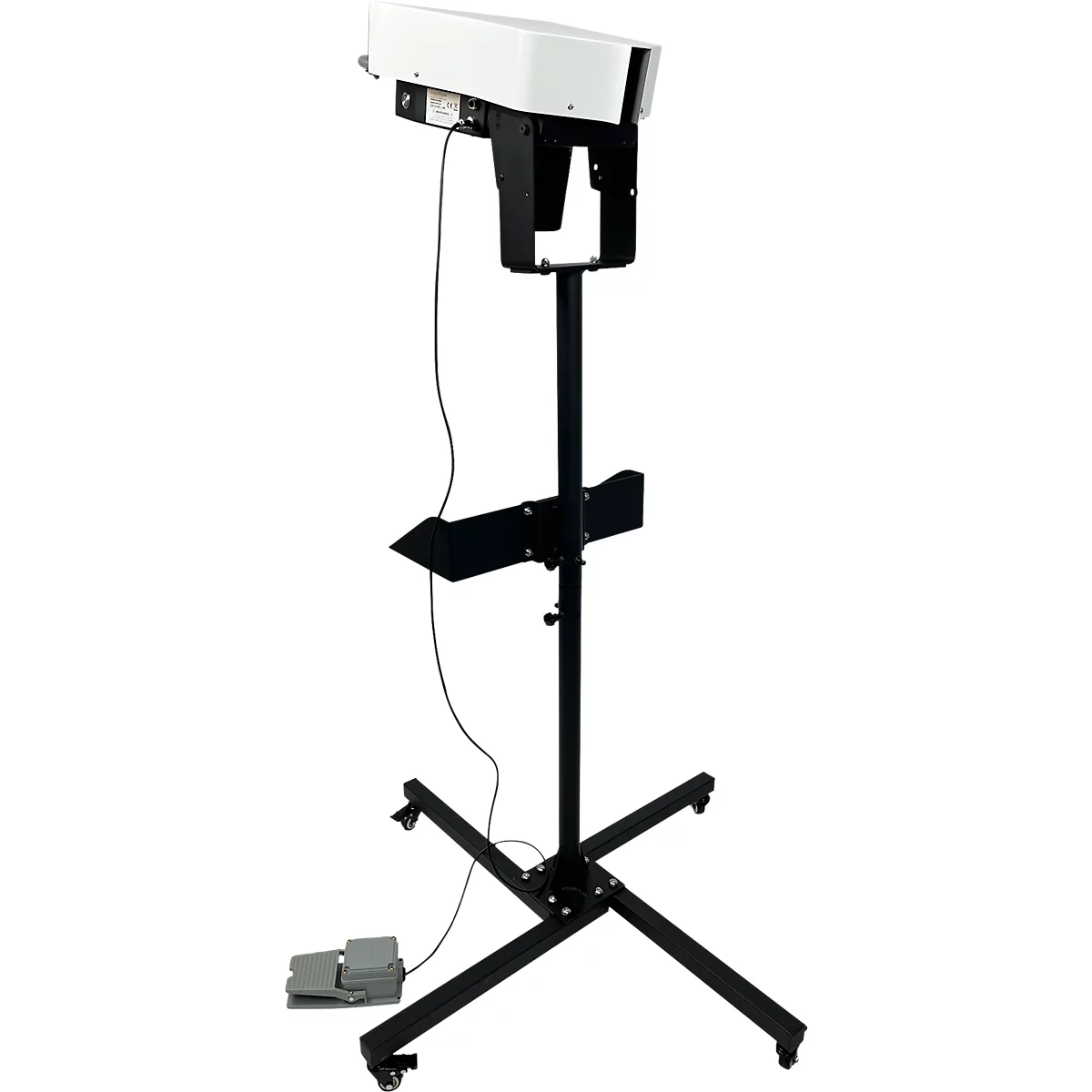 Machine à souder les feuilles industrielles, blanche et noire, sur un support noir avec une pédale et des roulettes.