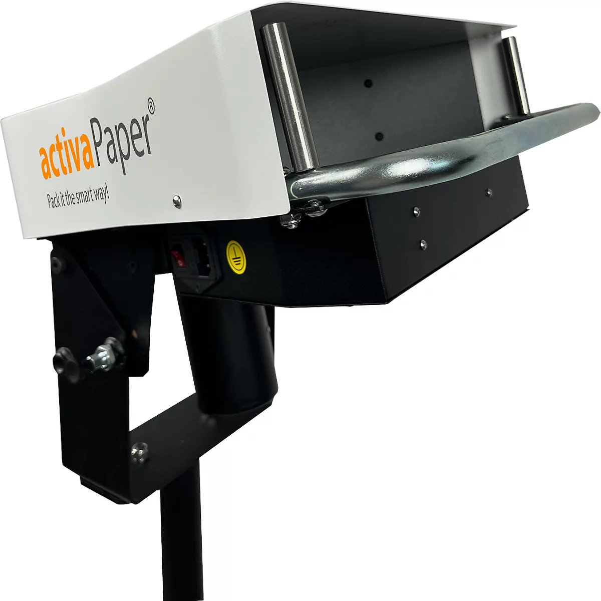 Une machine à papier d'emballage avec un dessus blanc et une sous-structure noire, logo 'activaPaper'.