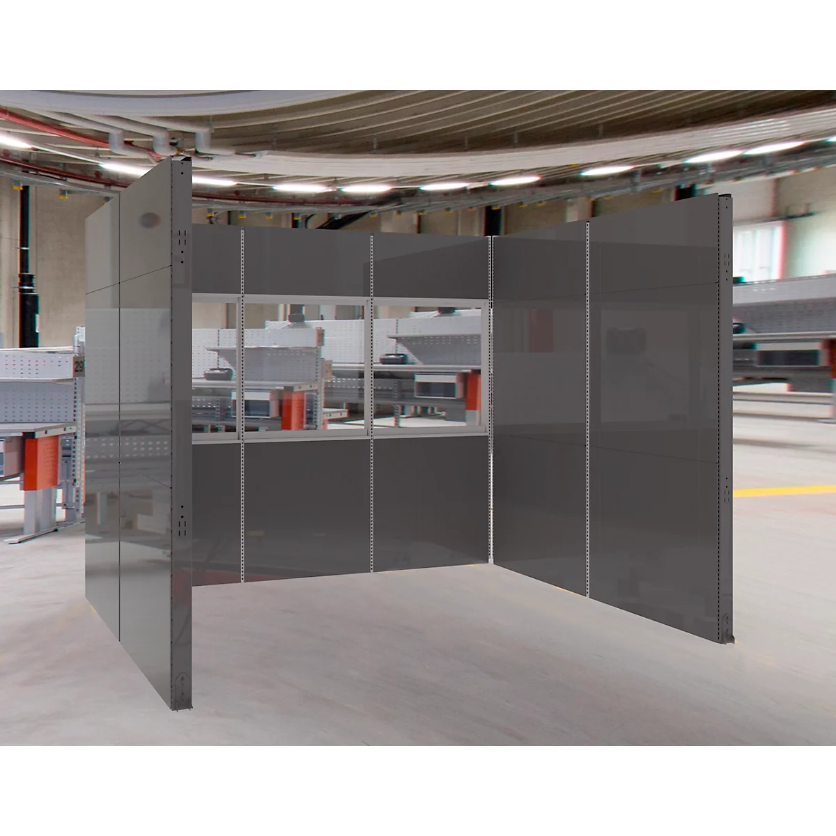 Schäfer Shop Select Système de cloisons d'insonorisation, en forme de U, 15 éléments, avec fenêtres, dimensions totales L 3000 x l 2000 x H 2500 mm, gris poussière RAL 7037