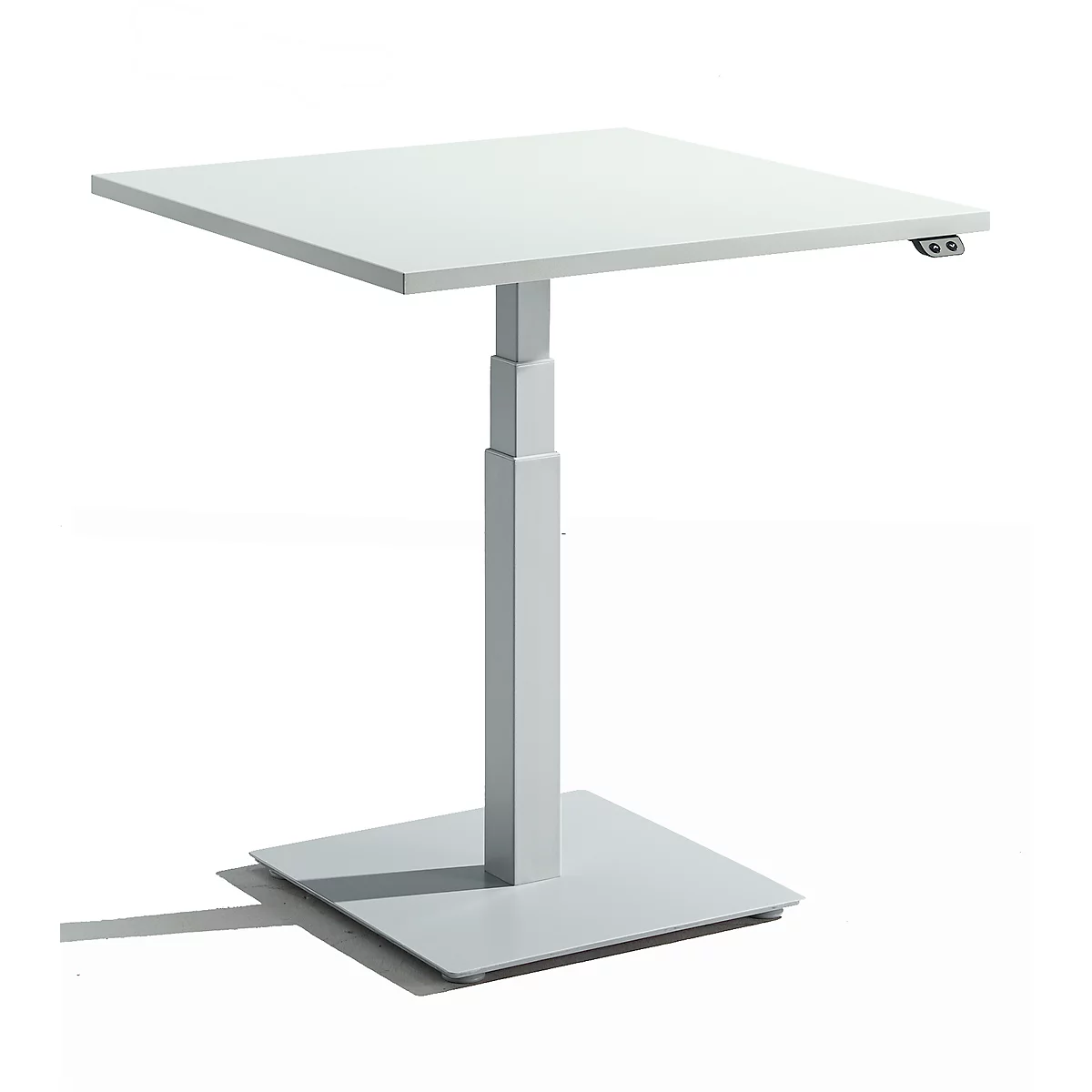 Table blanche carrée réglable en hauteur, avec colonne carrée et base carrée.