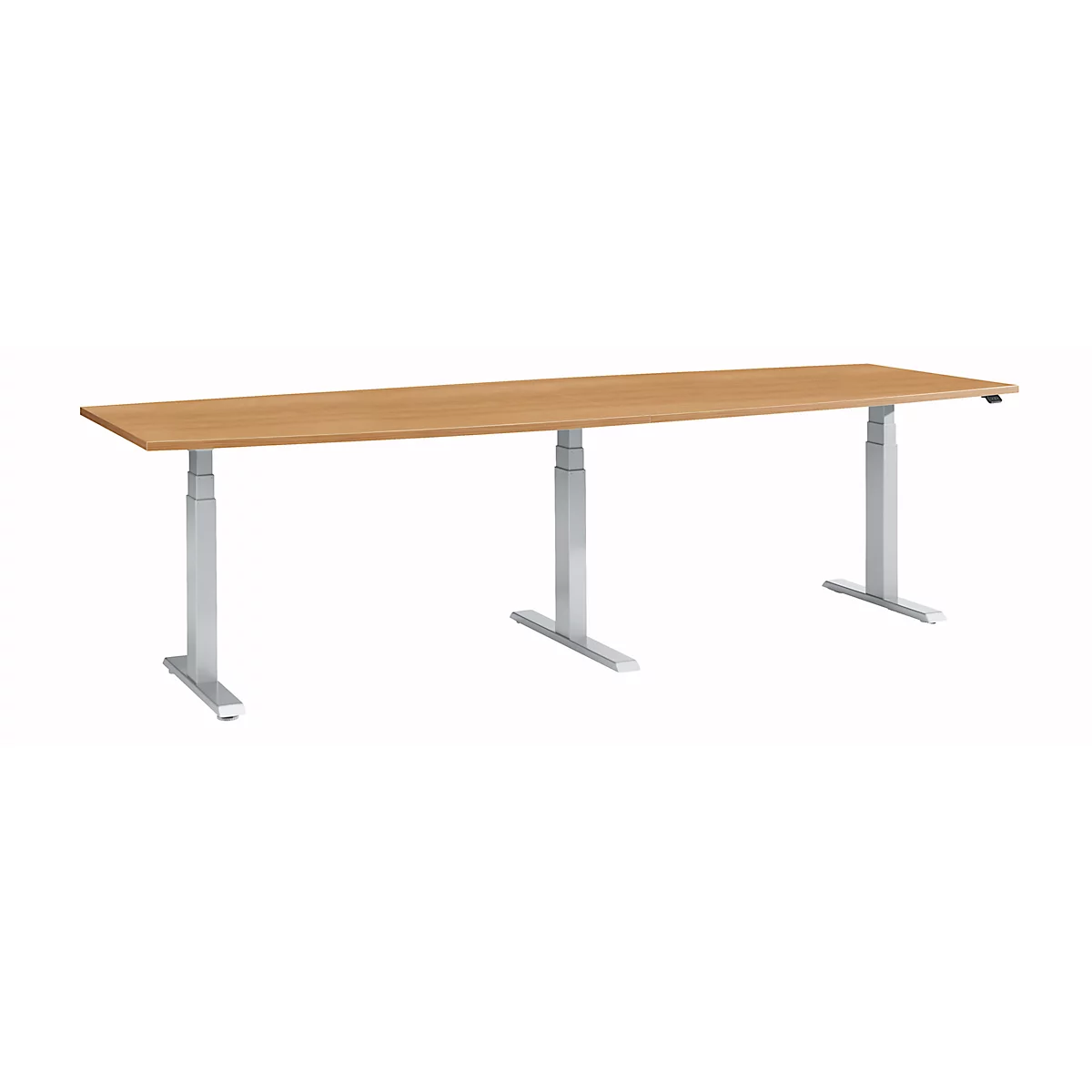 Schäfer Shop Select Table de conférence ERGO-T 2.0 Big, jusqu'à 8 personnes, réglable en hauteur électriquement, tonneau, pied en T, L 2800 mm, hêtre/aluminium blanc 
