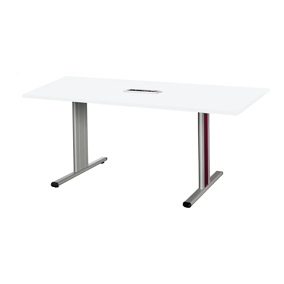 Table de conférence blanche avec pieds de table en métal et une découpe dans le plateau.