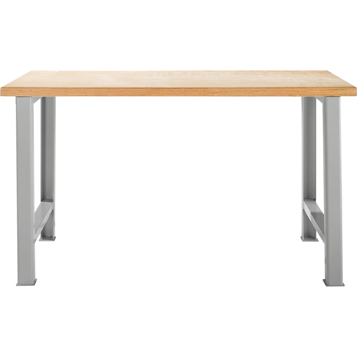 Établi brun clair avec pieds en métal gris, isolé sur fond blanc.