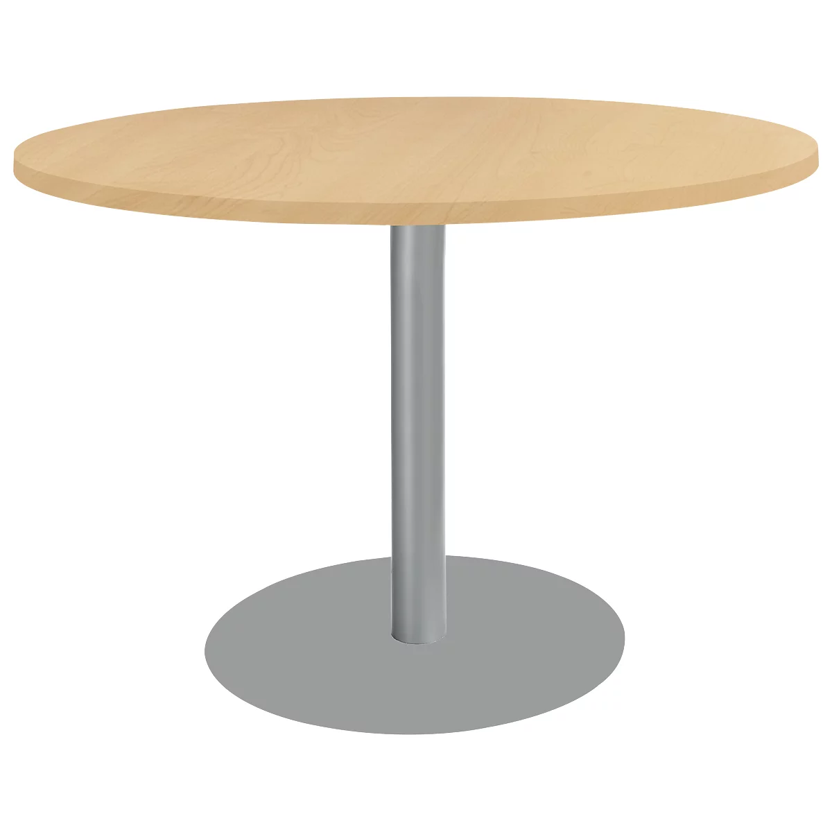 Round table with light brown top, silver column and gray foot.