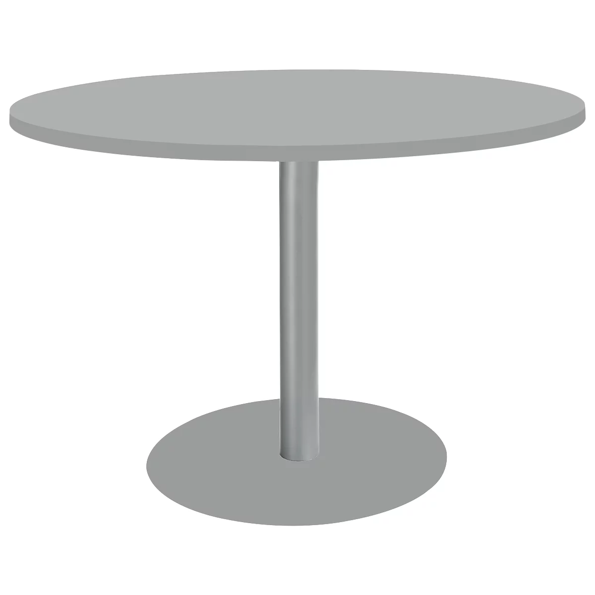 A round, gray table with a central leg standing on a round base.