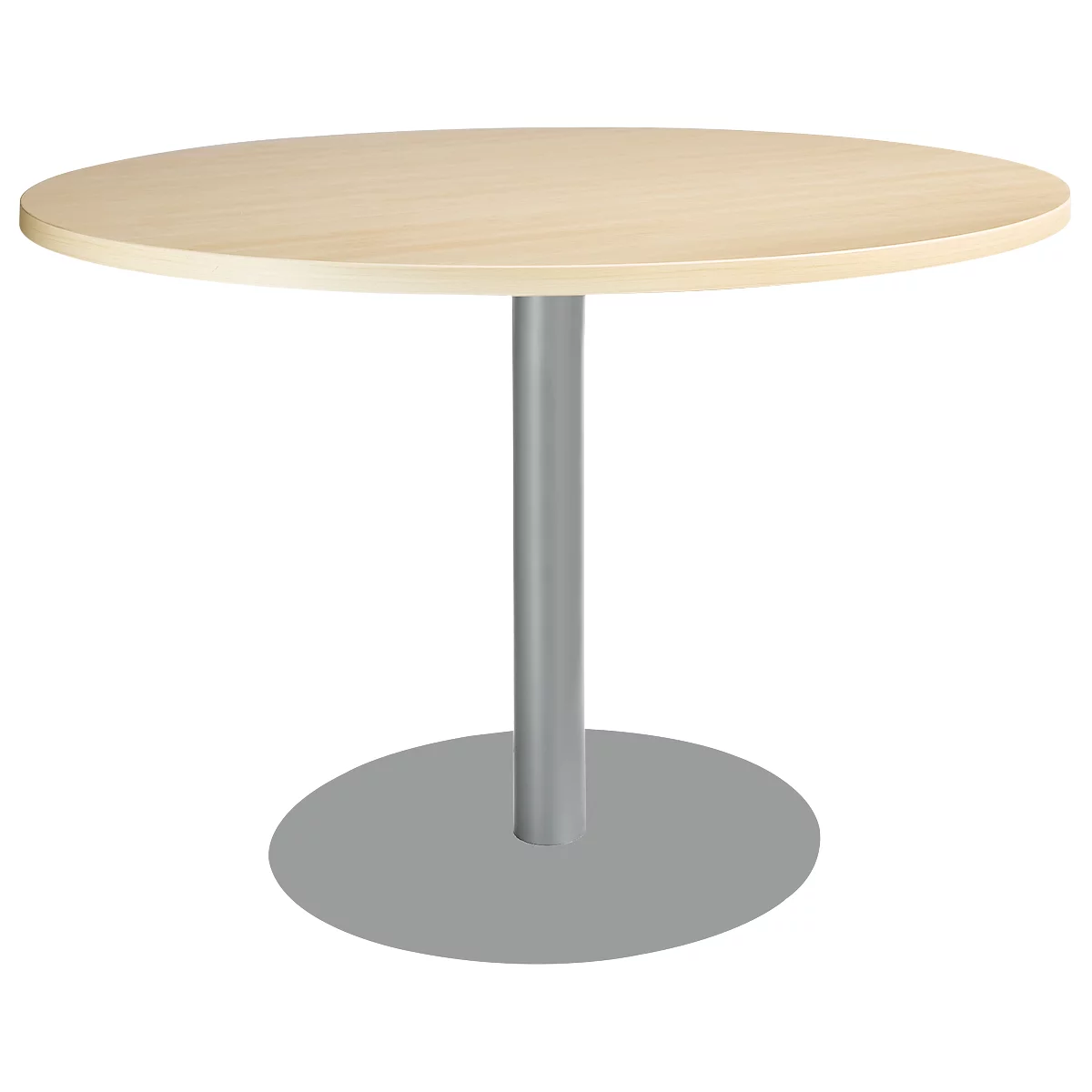 Round wooden table with a grey metal base.