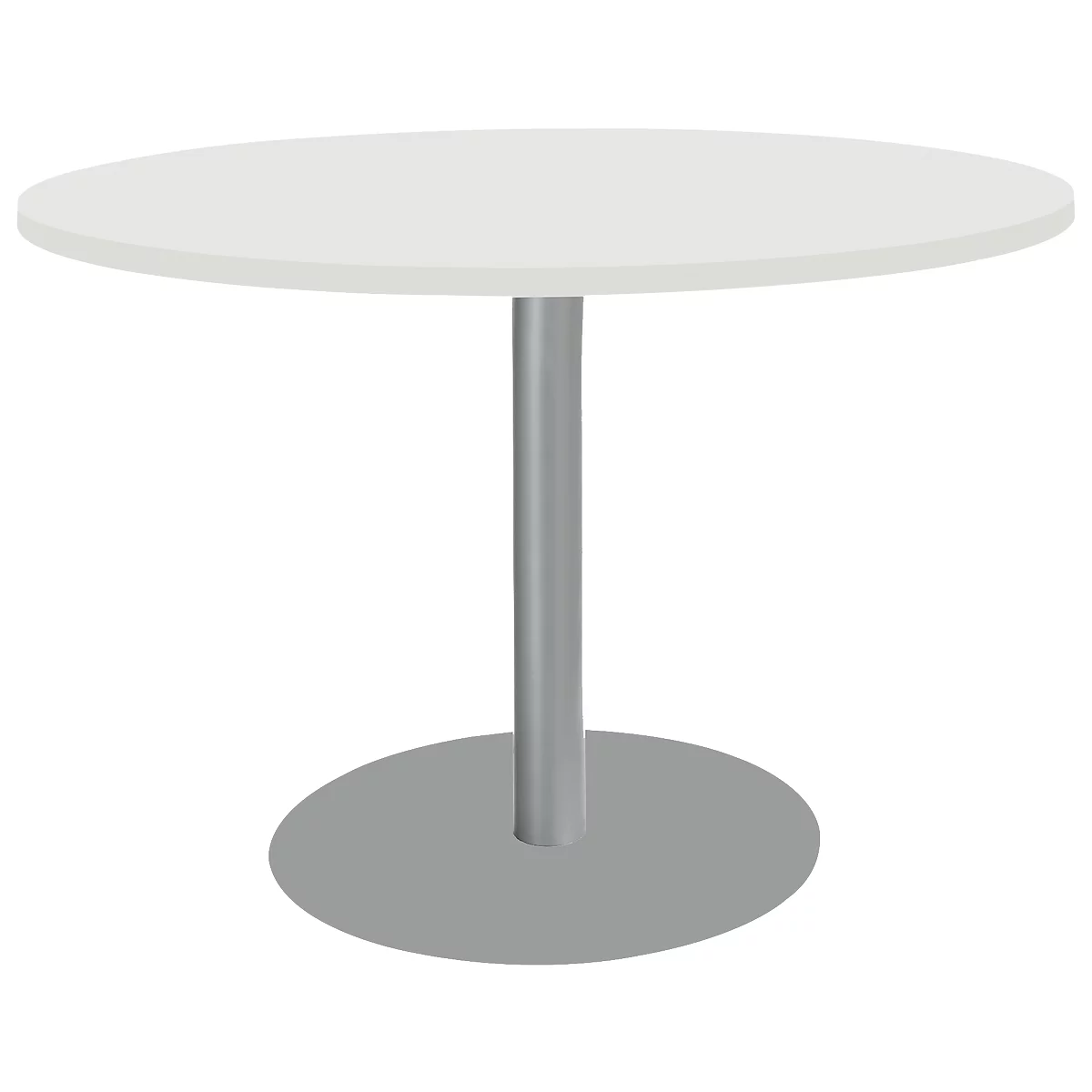 Round, white table with gray, cylindrical leg and foot.