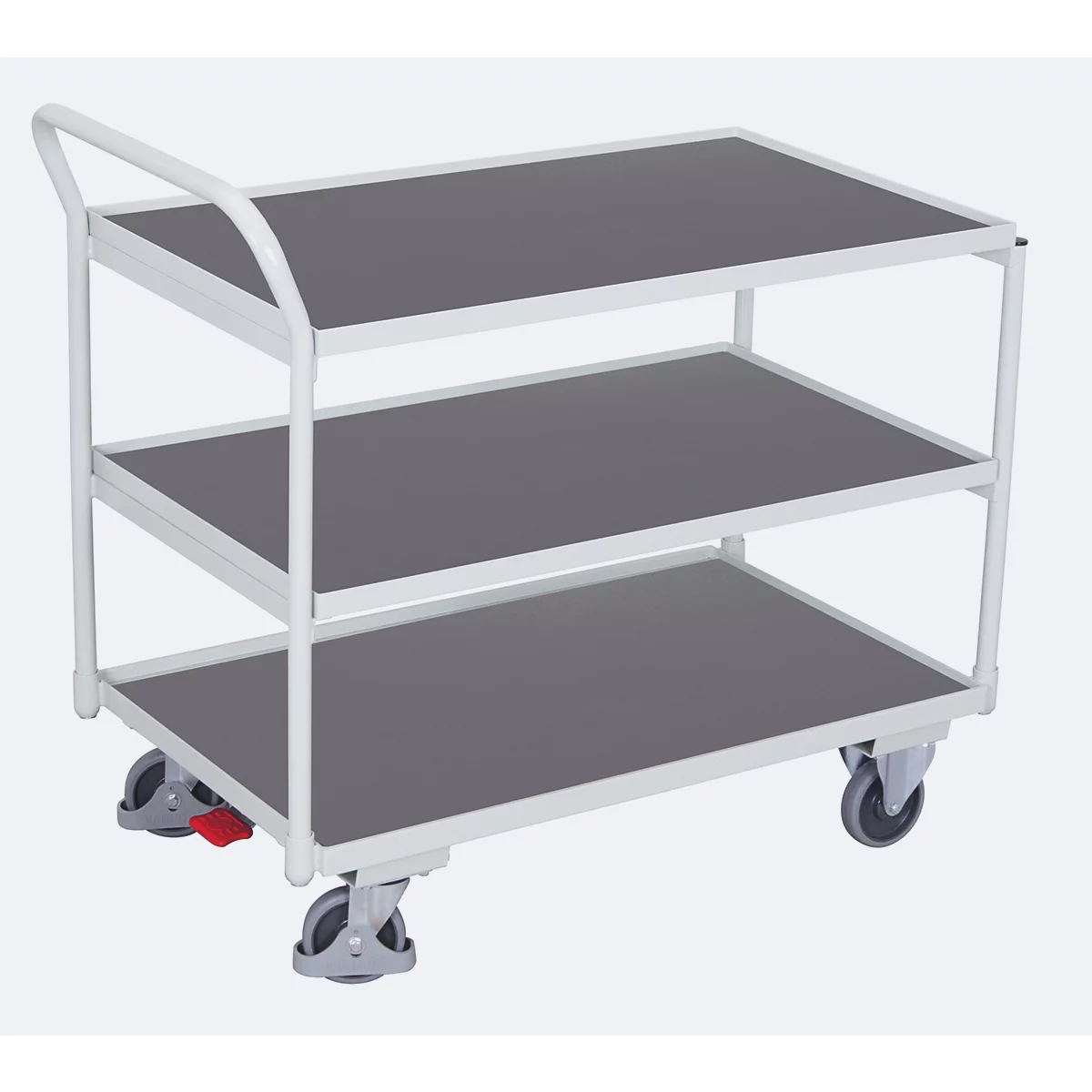 Schäfer Shop Select tafelwagen, licht, staal/MDF-plaat, lichtgrijs/donkergrijs, 3 etages, L 985 x B 605 mm, TPE zwenkwielen met EasySTOP, tot 250 kg
