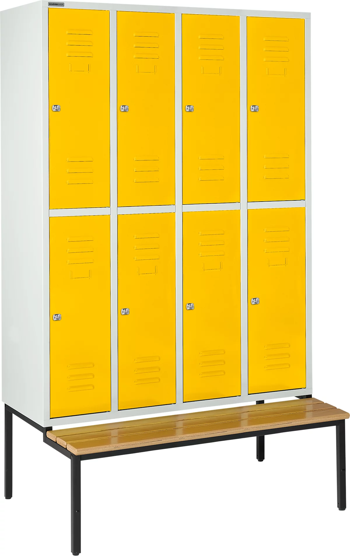 Schäfer Shop Select Taquilla, 4x2 compartimentos, con banco, 300 mm, cerradura de cilindro, puerta amarillo colza
