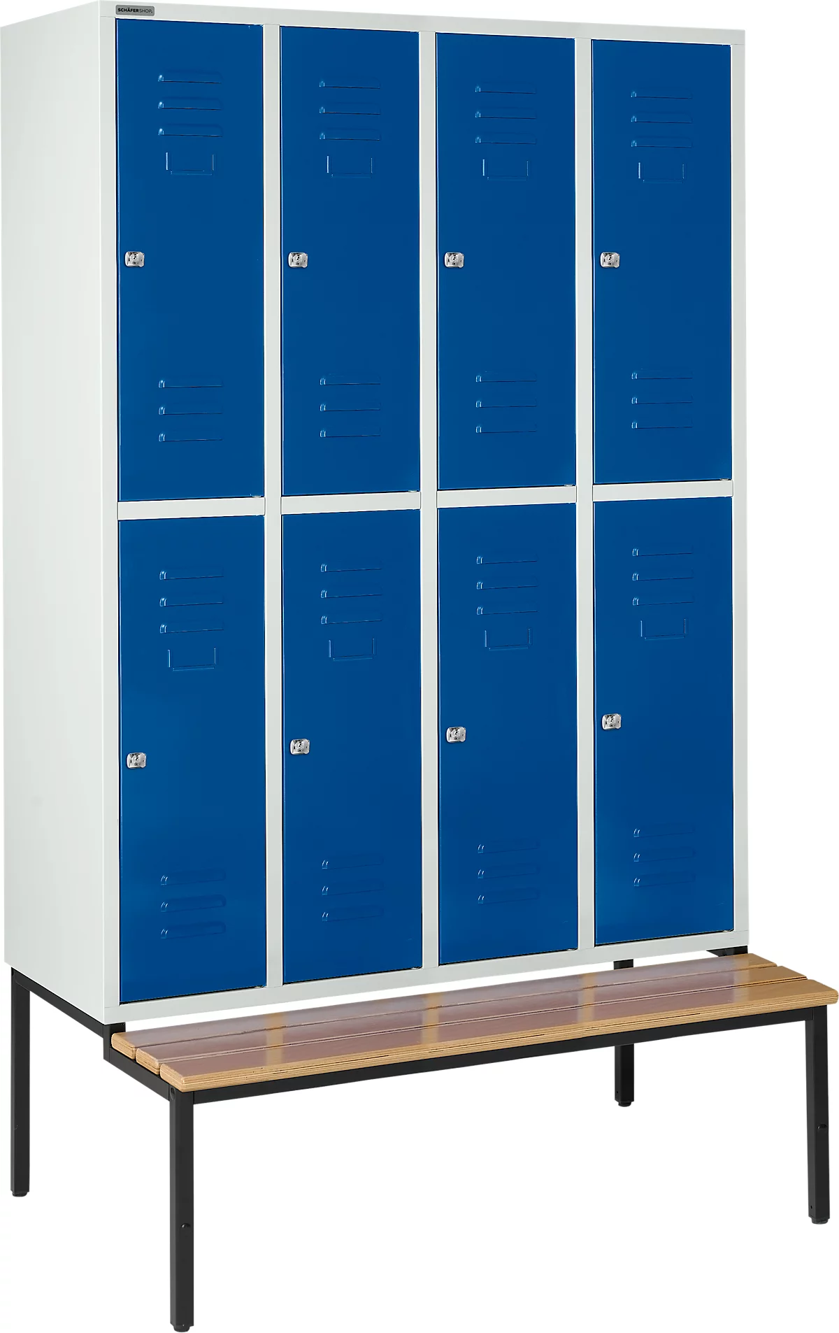 Schäfer Shop Select Taquilla, 4x2 compartimentos, con banco, 300 mm, cerradura de cilindro, puerta azul genciana