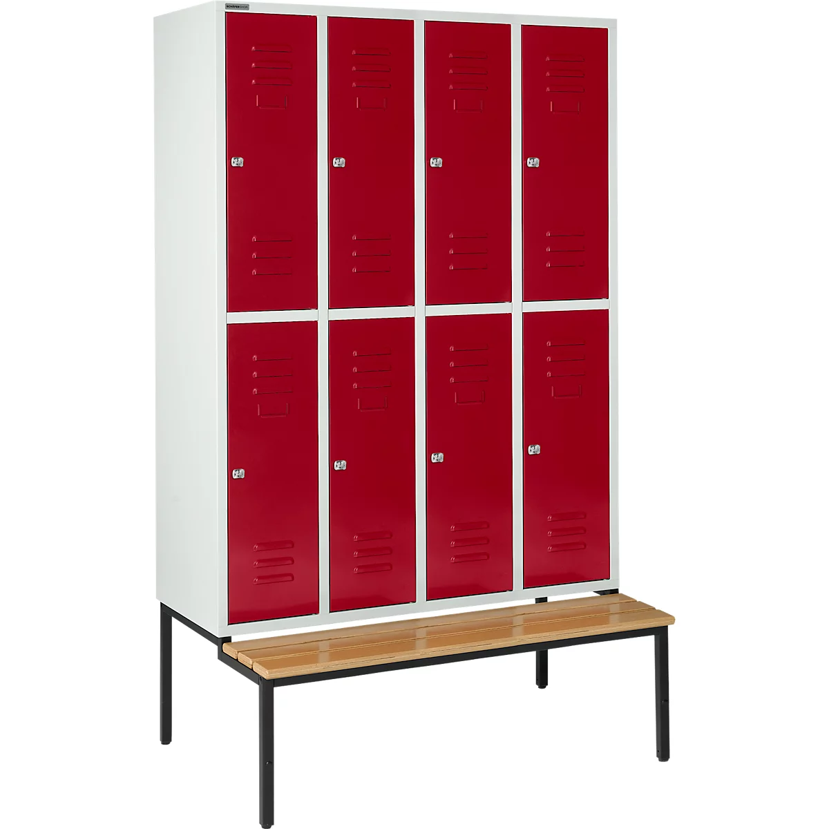 Schäfer Shop Select Taquilla, 4x2 compartimentos, con banco, 300 mm, cerradura de cilindro, puerta rojo rubí