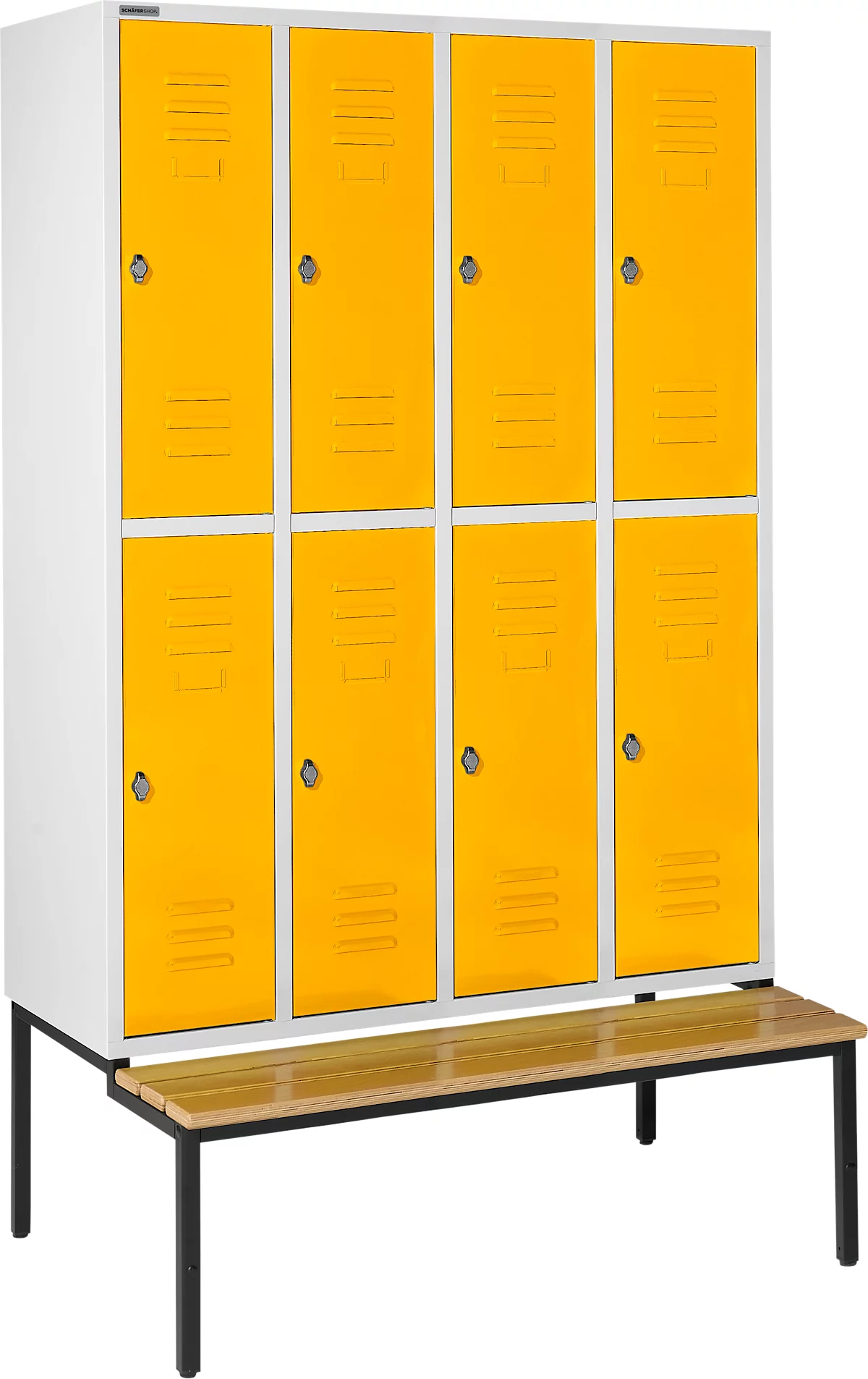 Schäfer Shop Select Taquilla, 4x2 compartimentos, con banco, 300 mm, cierre de pasador giratorio, puerta amarillo colza