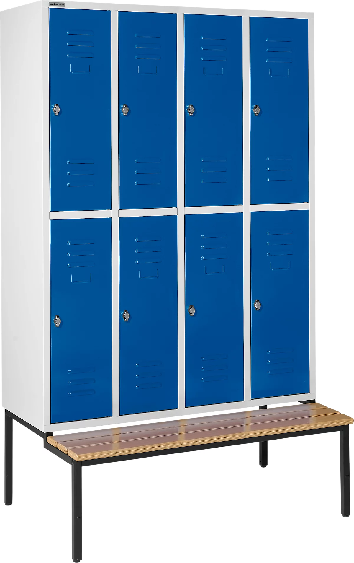 Schäfer Shop Select Taquilla, 4x2 compartimentos, con banco, 300 mm, cierre de pasador giratorio, puerta azul genciana