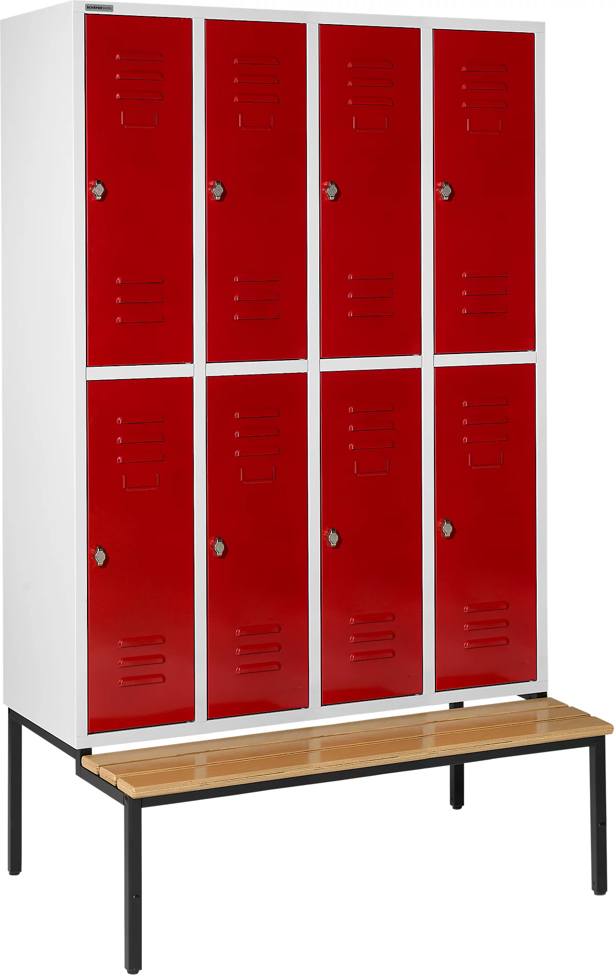 Schäfer Shop Select Taquilla, 4x2 compartimentos, con banco, 300 mm, cierre de pasador giratorio, puerta rojo rubí