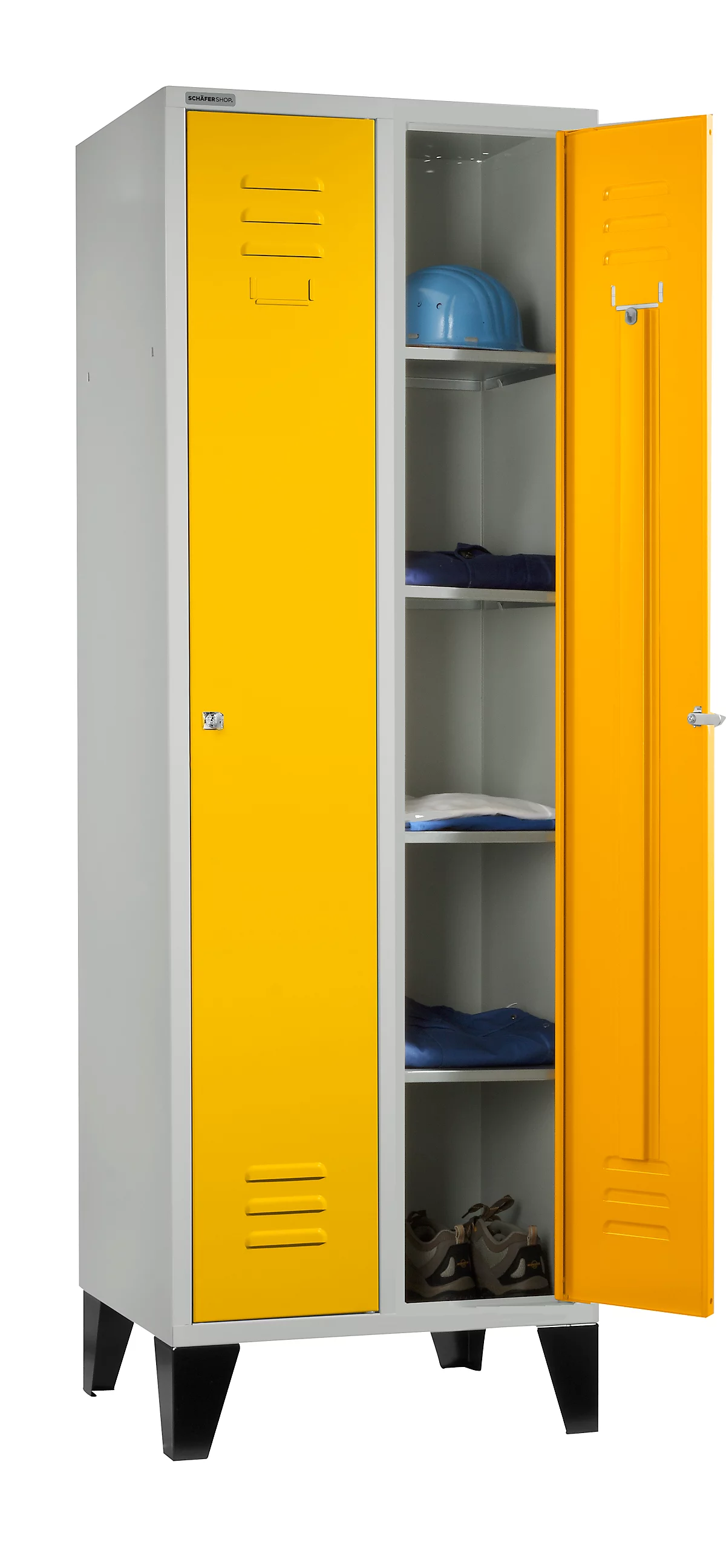 Schäfer Shop Select Taquilla, con 2 compartimentos, con patas, cerradura de cilindro, gris luminoso/amarillo
