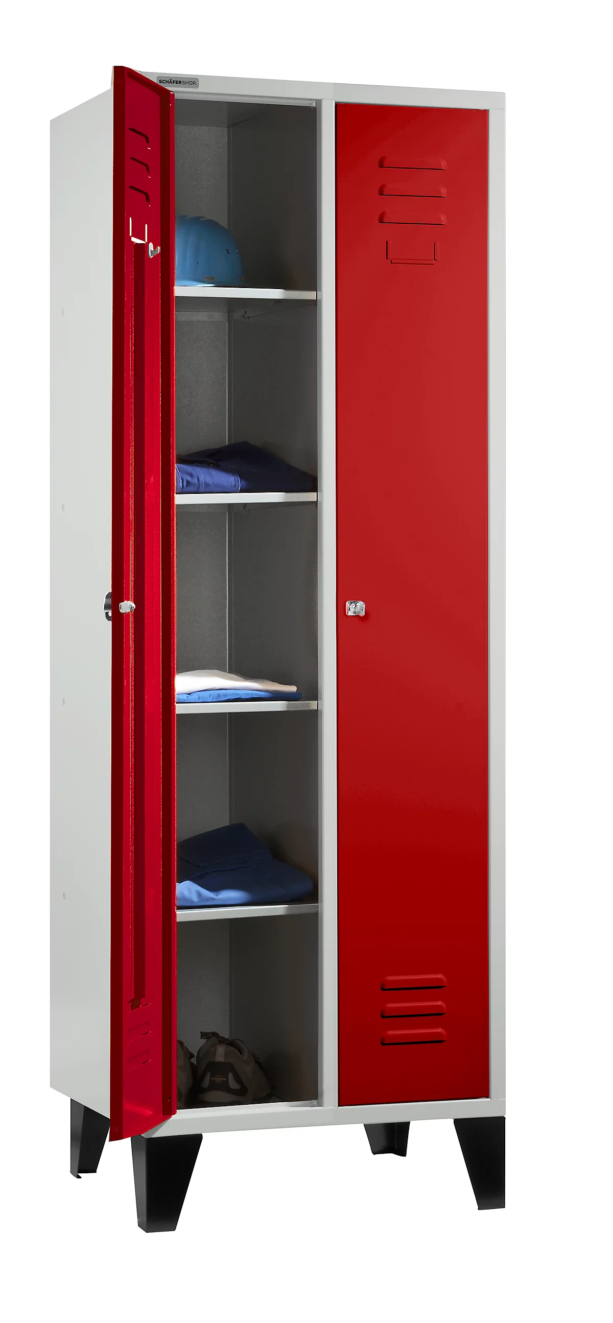 Schäfer Shop Select Taquilla, con 2 compartimentos, con patas, cerradura de cilindro, gris luminoso/rojo