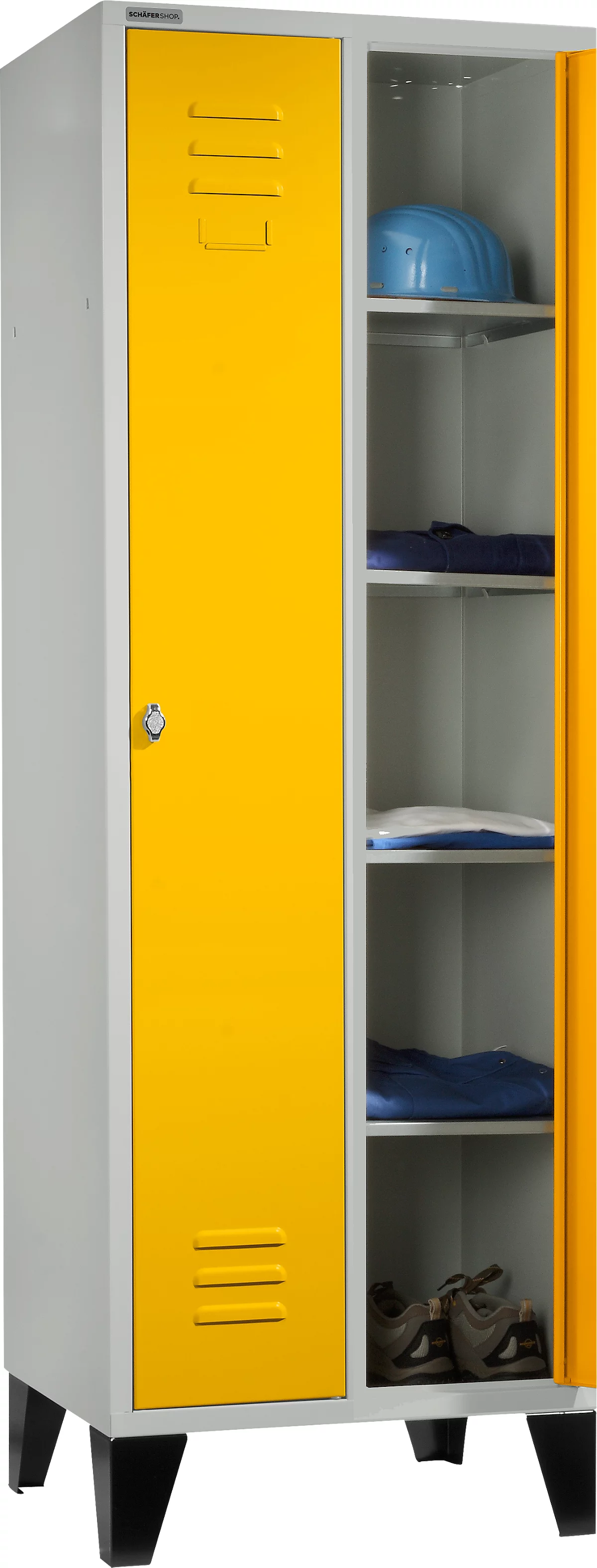 Schäfer Shop Select Taquilla, con 2 compartimentos, con patas, cierre de pasador giratorio, gris luminoso/amarillo