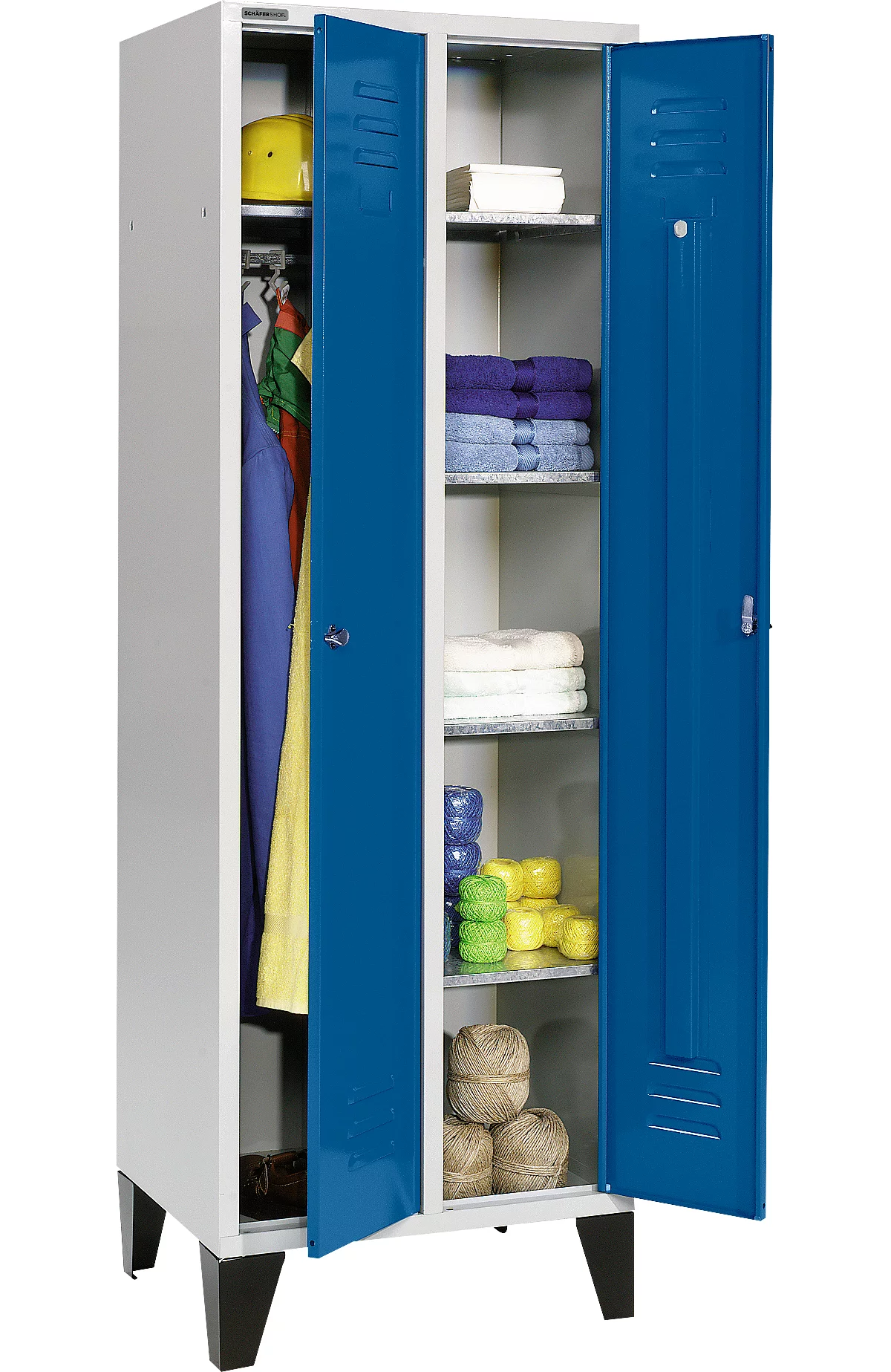 Schäfer Shop Select Taquilla, con 2 compartimentos, con patas, cierre de pasador giratorio, gris luminoso/azul genciana