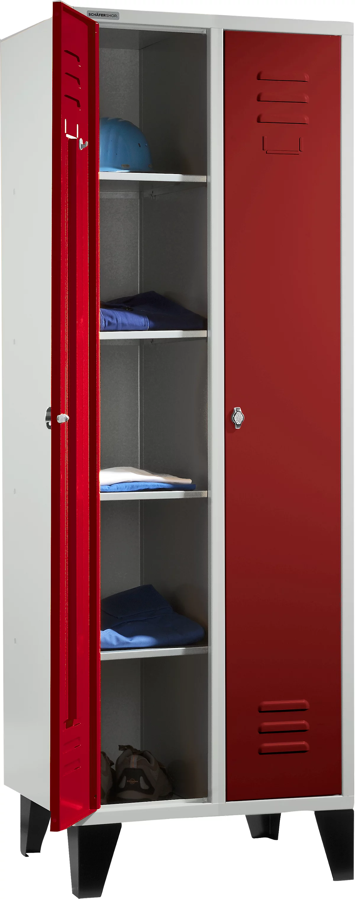 Schäfer Shop Select Taquilla, con 2 compartimentos, con patas, cierre de pasador giratorio, gris luminoso/rojo
