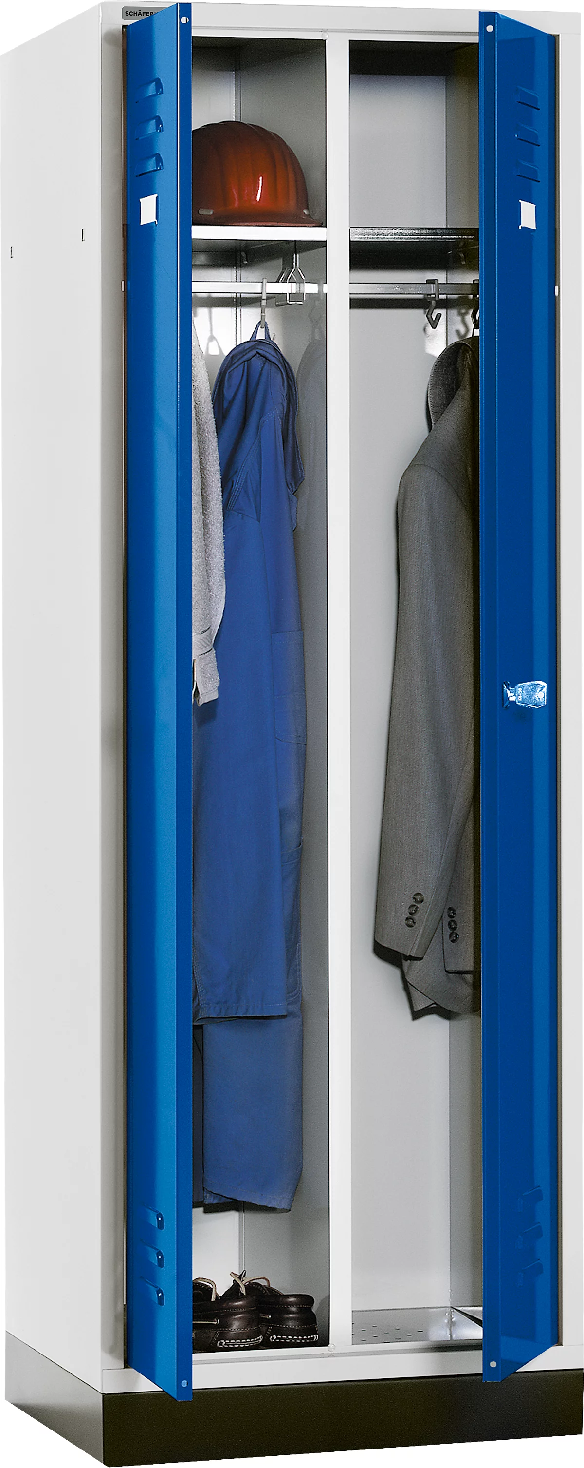 Schäfer Shop Select Taquilla, con 2 compartimentos, con zócalo, cerradura de cilindro, gris luminoso/azul genciana