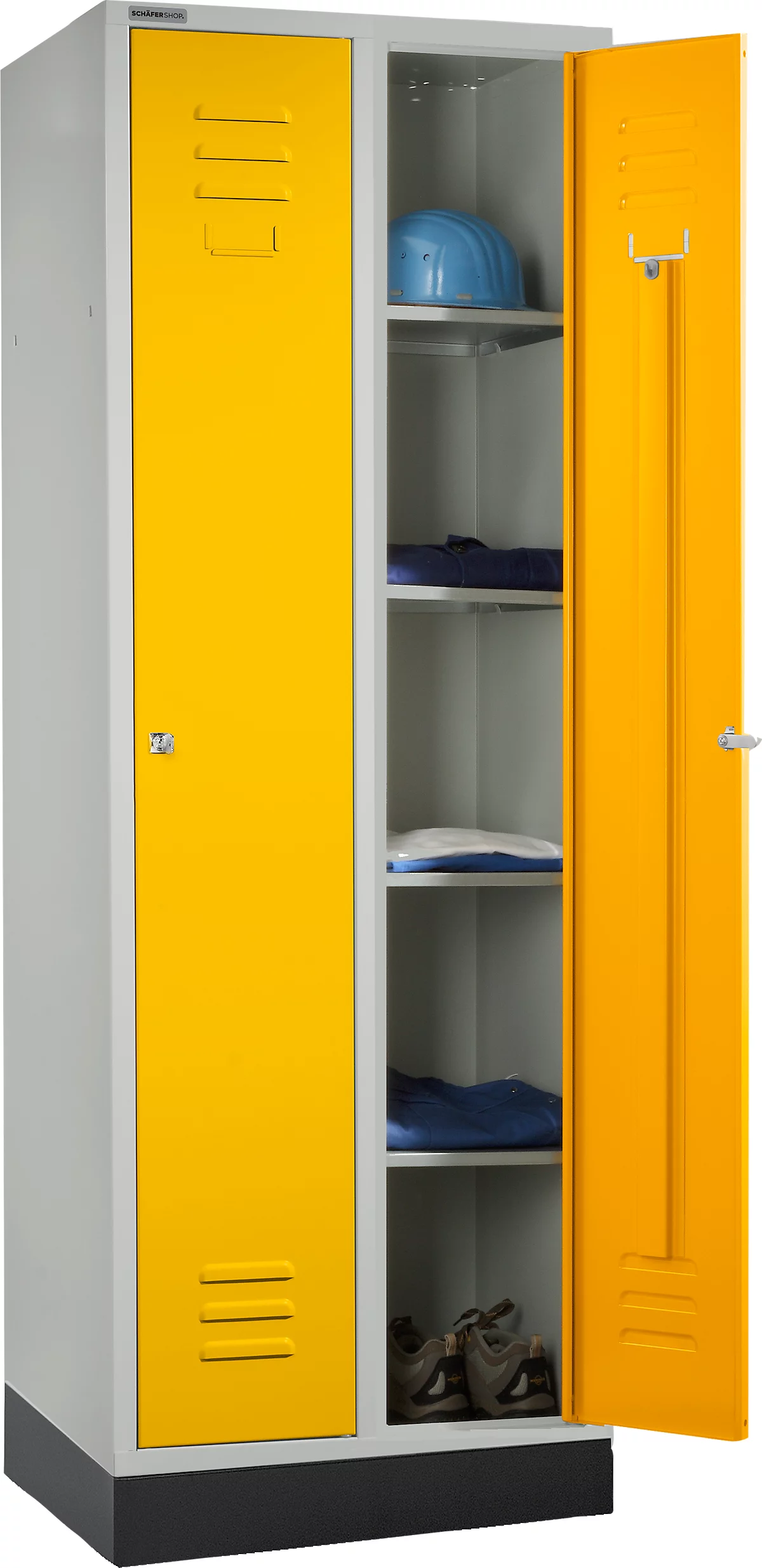 Schäfer Shop Select Taquilla, con 2 compartimentos, con zócalo, cierre de pasador giratorio, gris luminoso/amarillo