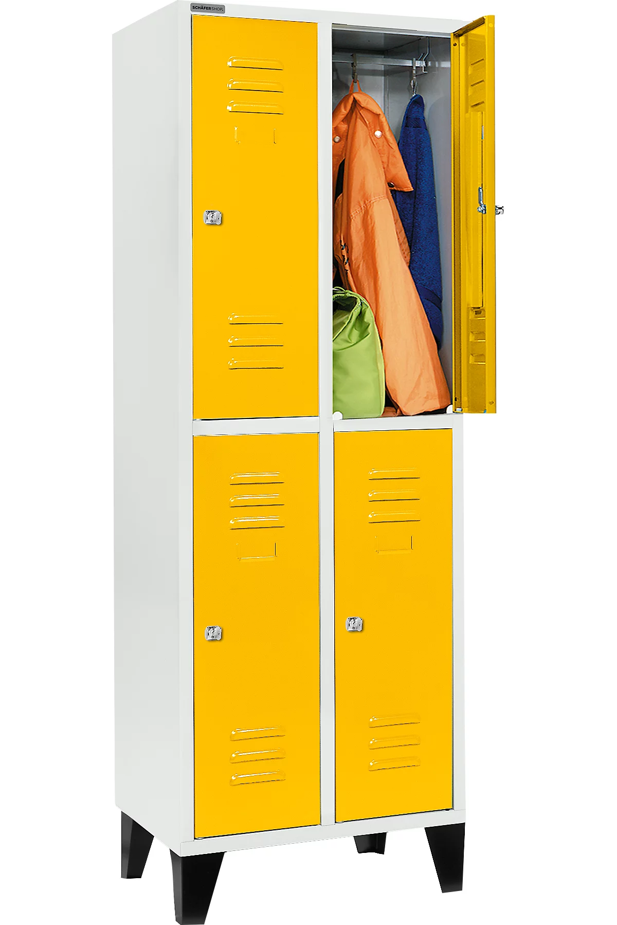 Schäfer Shop Select Taquilla, con 2 x 2 compartimentos, 300 mm, con patas, cerradura de cilindro, puerta amarillo colza