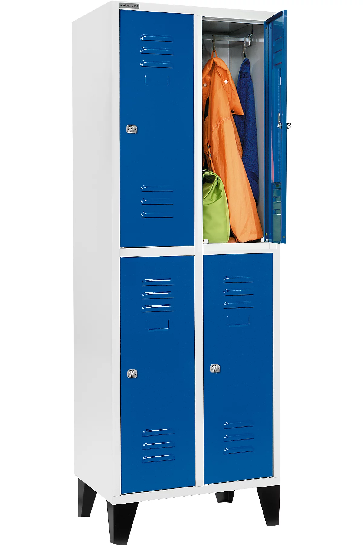 Schäfer Shop Select Taquilla, con 2 x 2 compartimentos, 300 mm, con patas, cerradura de cilindro, puerta azul genciana