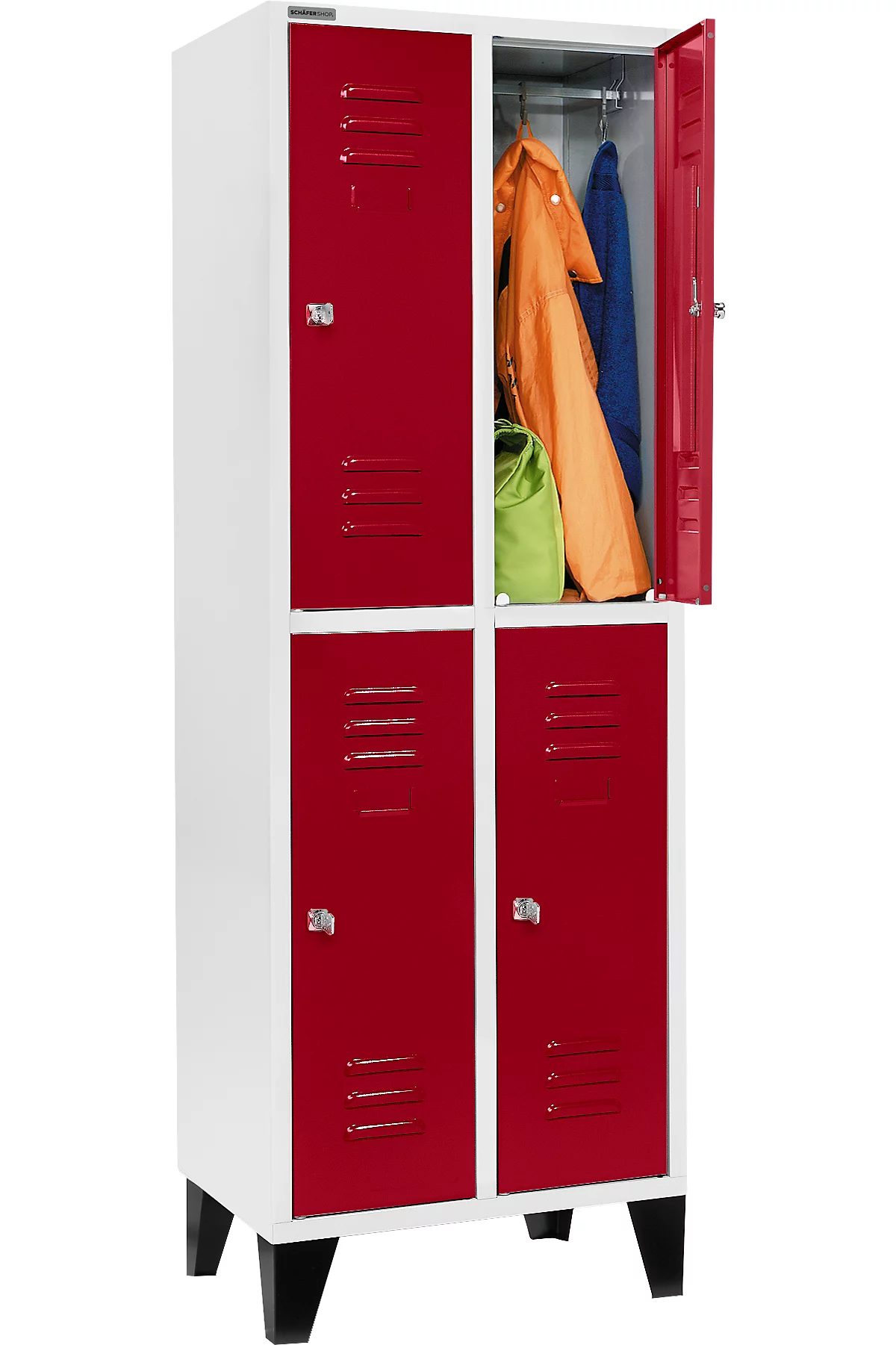 Schäfer Shop Select Taquilla, con 2 x 2 compartimentos, 300 mm, con patas, cerradura de cilindro, puerta rojo rubí