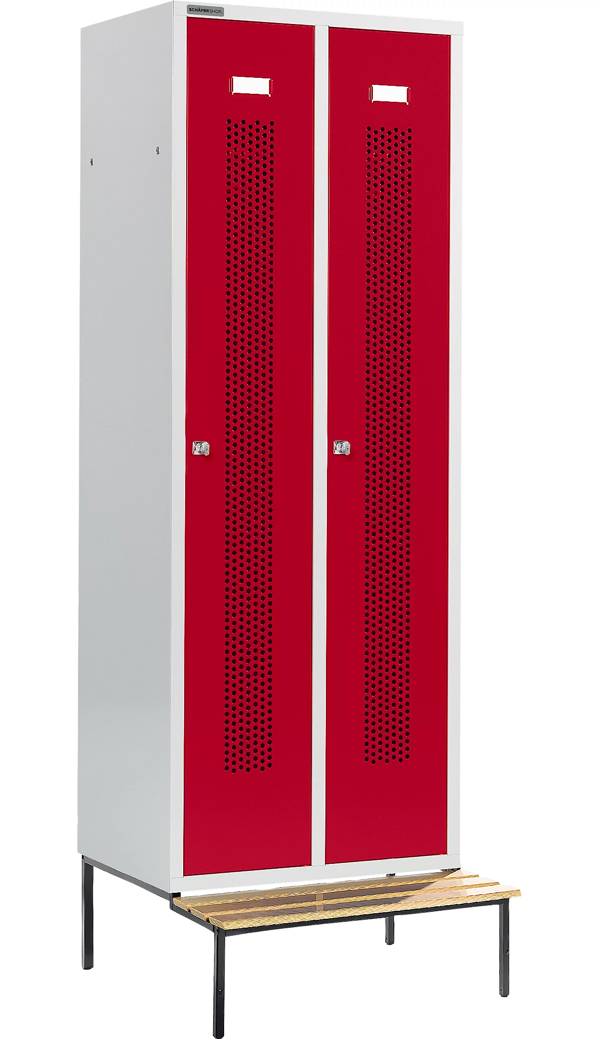 Schäfer Shop Select Taquilla, con banco, 2 compartimentos, 300 mm, cerradura de cilindro, puerta rojo rubí