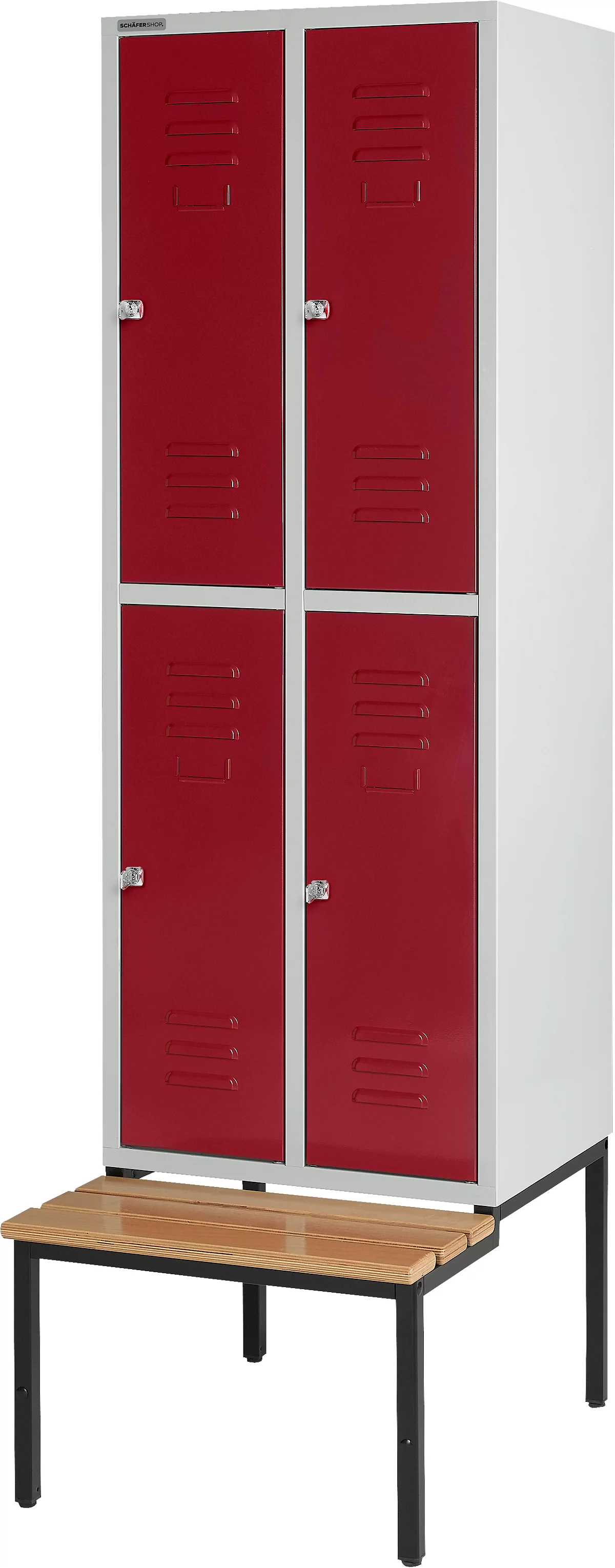 Schäfer Shop Select Taquilla, con banco, 2x2 compartimentos, 300 mm, cerradura de cilindro, puerta rojo rubí