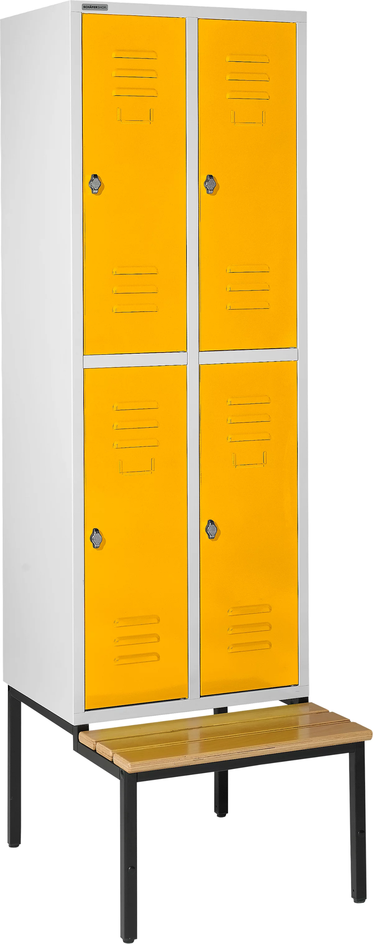 Schäfer Shop Select Taquilla, con banco, 2x2 compartimentos, 300 mm, cierre de pasador giratorio, gris luminoso/amarillo