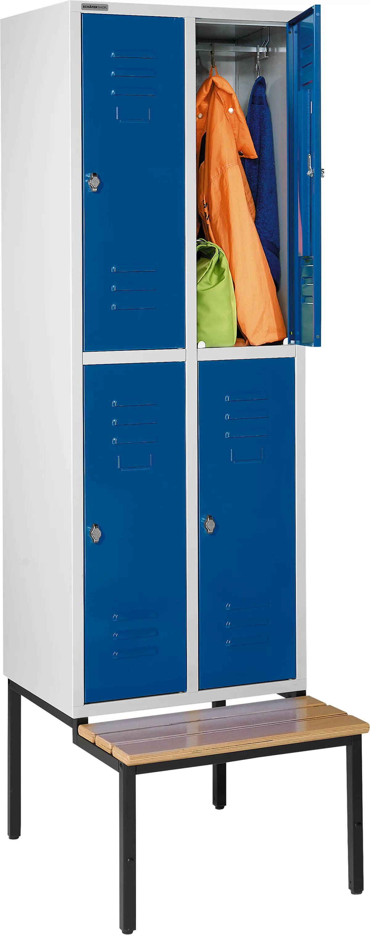 Schäfer Shop Select Taquilla, con banco, 2x2 compartimentos, 300 mm, cierre de pasador giratorio, gris luminoso/azul genciana