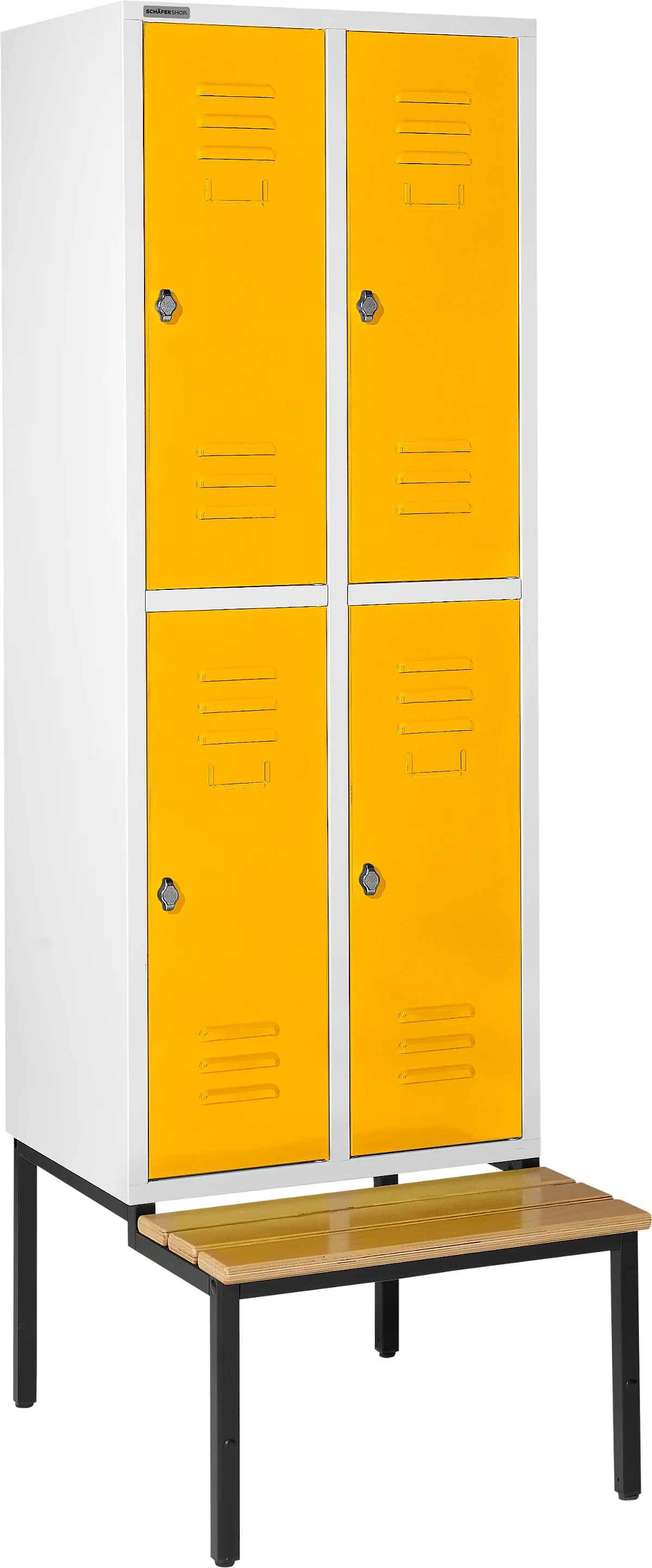 Schäfer Shop Select Taquilla, con banco, 2x2 compartimentos, 400 mm, cierre de pasador giratorio, gris luminoso/amarillo