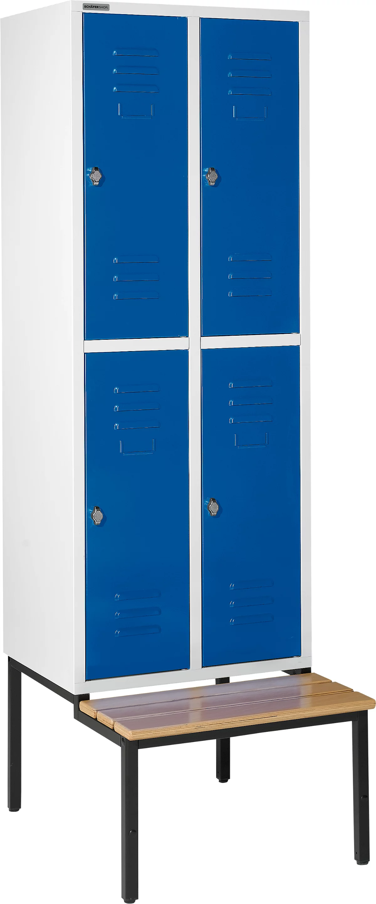 Schäfer Shop Select Taquilla, con banco, 2x2 compartimentos, 400 mm, cierre de pasador giratorio, gris luminoso/azul genciana