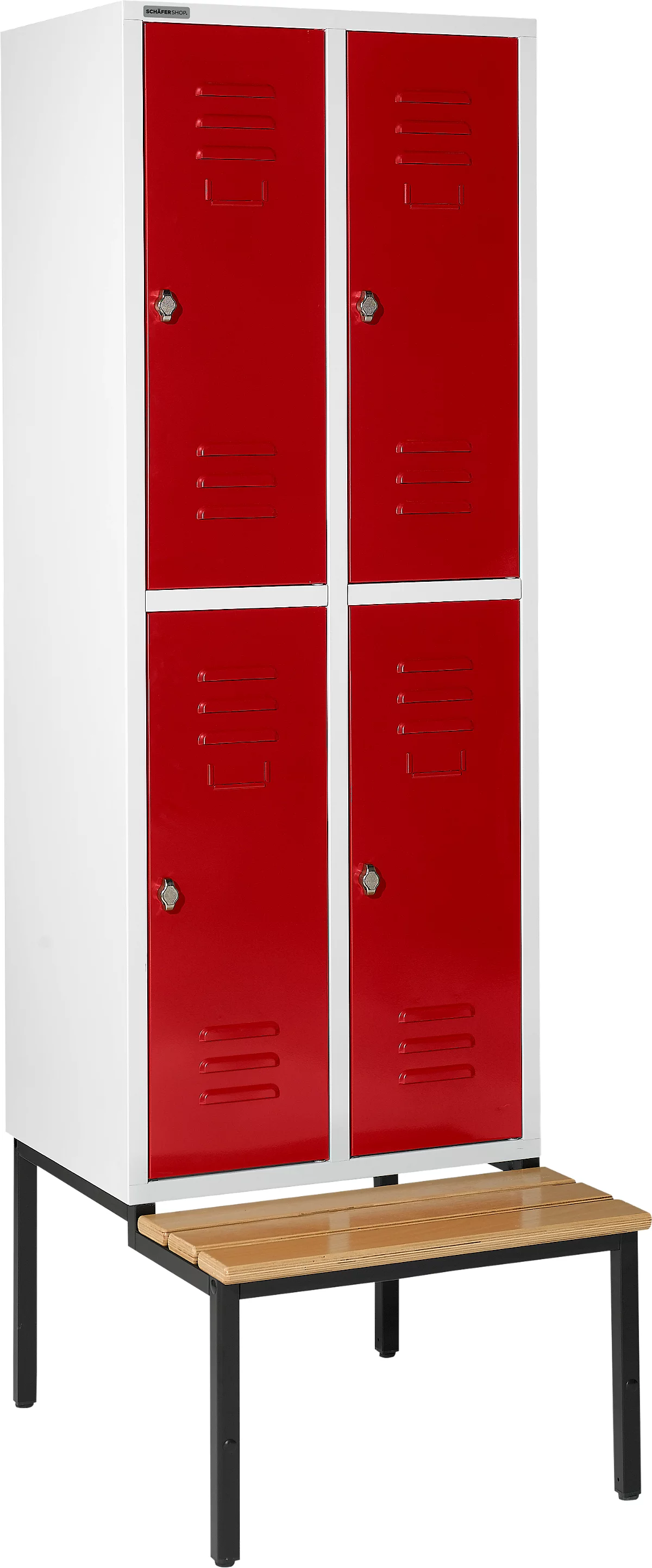 Schäfer Shop Select Taquilla, con banco, 2x2 compartimentos, 400 mm, cierre de pasador giratorio, gris luminoso/rojo rubí