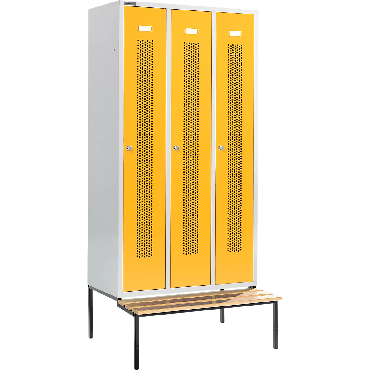 Schäfer Shop Select Taquilla, con banco, 3 compartimentos, 300 mm, cerradura de cilindro, puerta amarillo colza