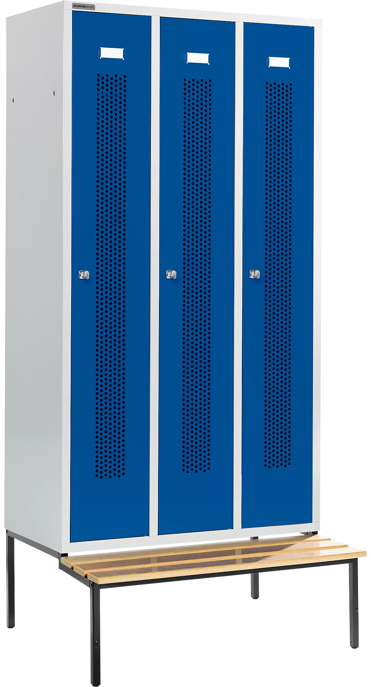 Schäfer Shop Select Taquilla, con banco, 3 compartimentos, 300 mm, cerradura de cilindro, puerta azul genciana